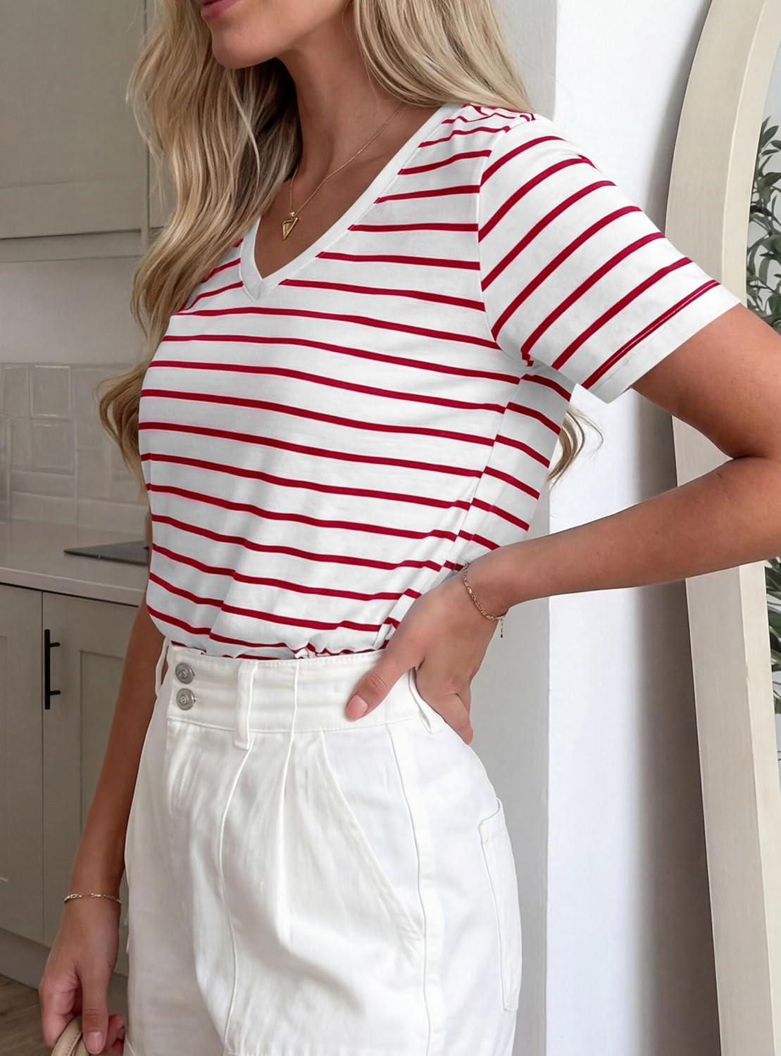 imagePRETTYGARDEN Short Sleeve Shirts for Women 2026 Spring V Neck Cute Tops Casual Striped Shirt Knitted Tees Summer OutfitsStriped White Red