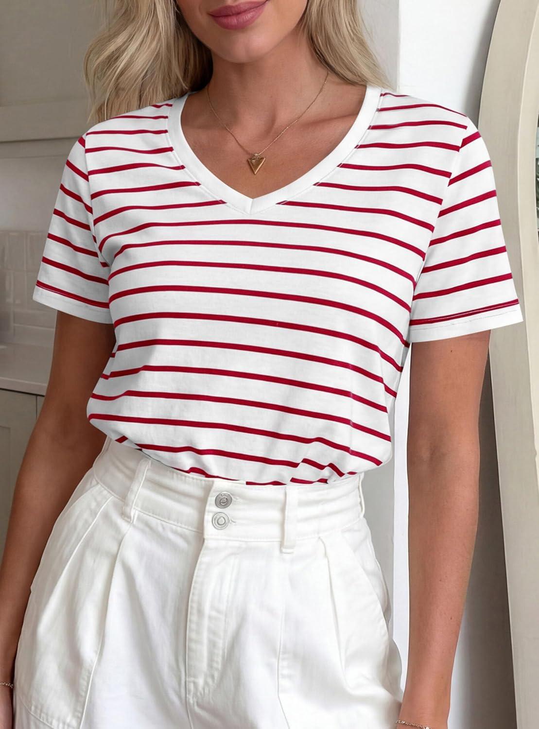 imagePRETTYGARDEN Short Sleeve Shirts for Women 2026 Spring V Neck Cute Tops Casual Striped Shirt Knitted Tees Summer OutfitsStriped White Red