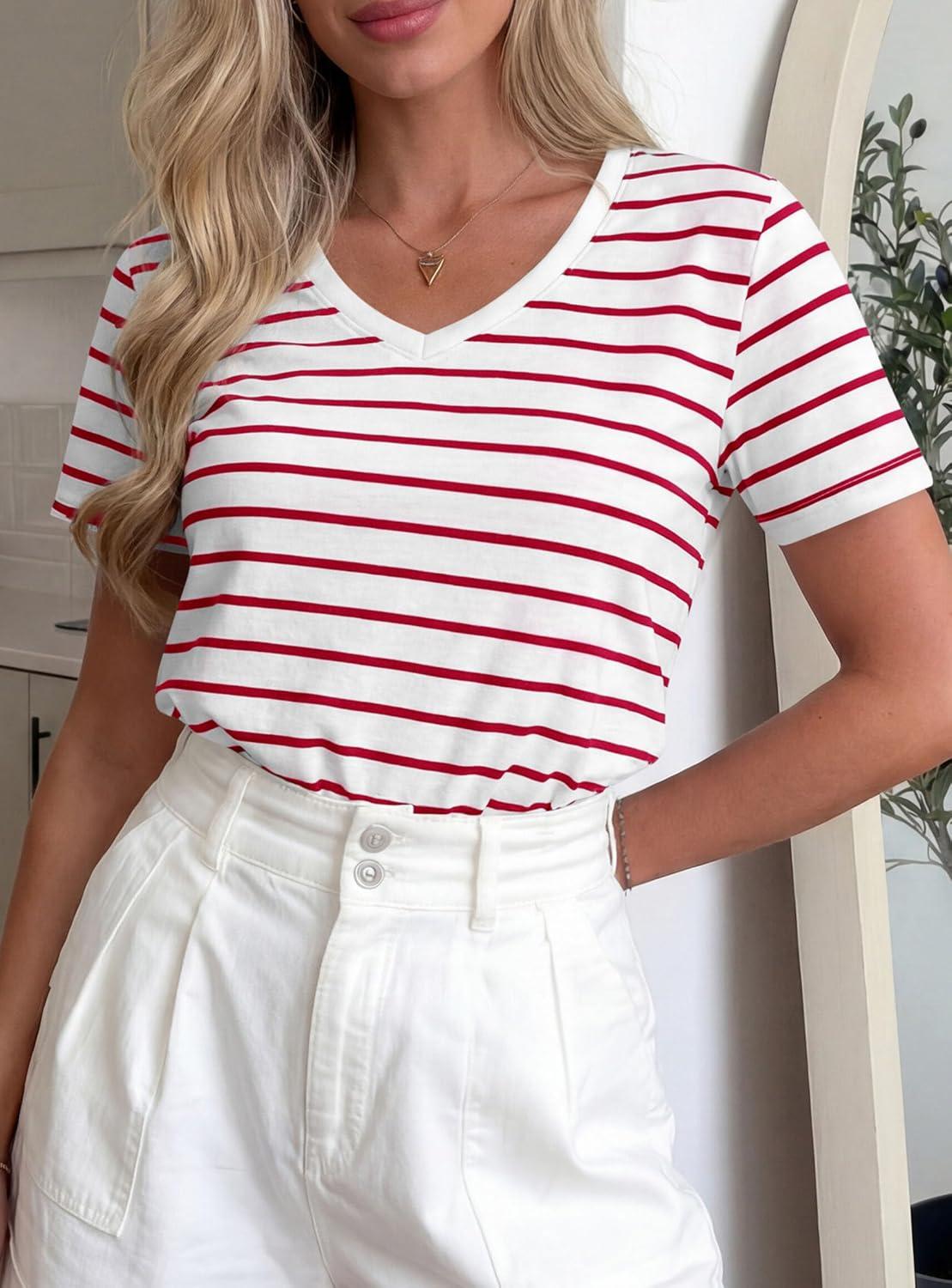 imagePRETTYGARDEN Short Sleeve Shirts for Women 2026 Spring V Neck Cute Tops Casual Striped Shirt Knitted Tees Summer OutfitsStriped White Red