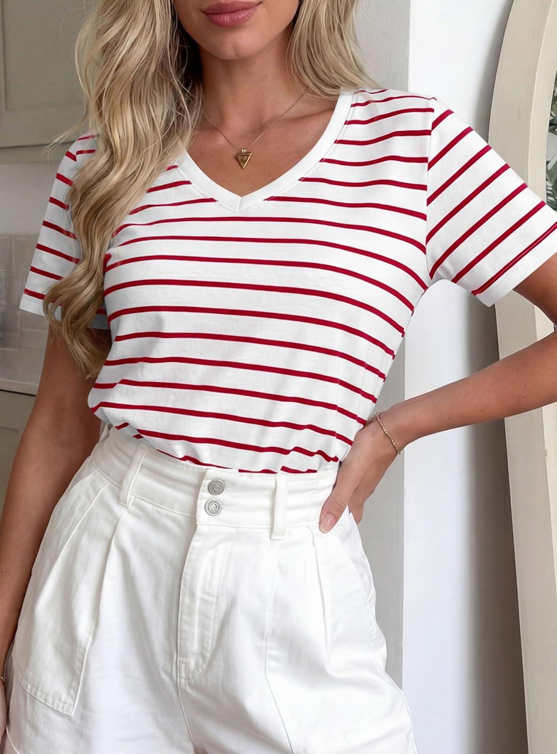 imagePRETTYGARDEN Short Sleeve Shirts for Women 2026 Spring V Neck Cute Tops Casual Striped Shirt Knitted Tees Summer OutfitsStriped White Red