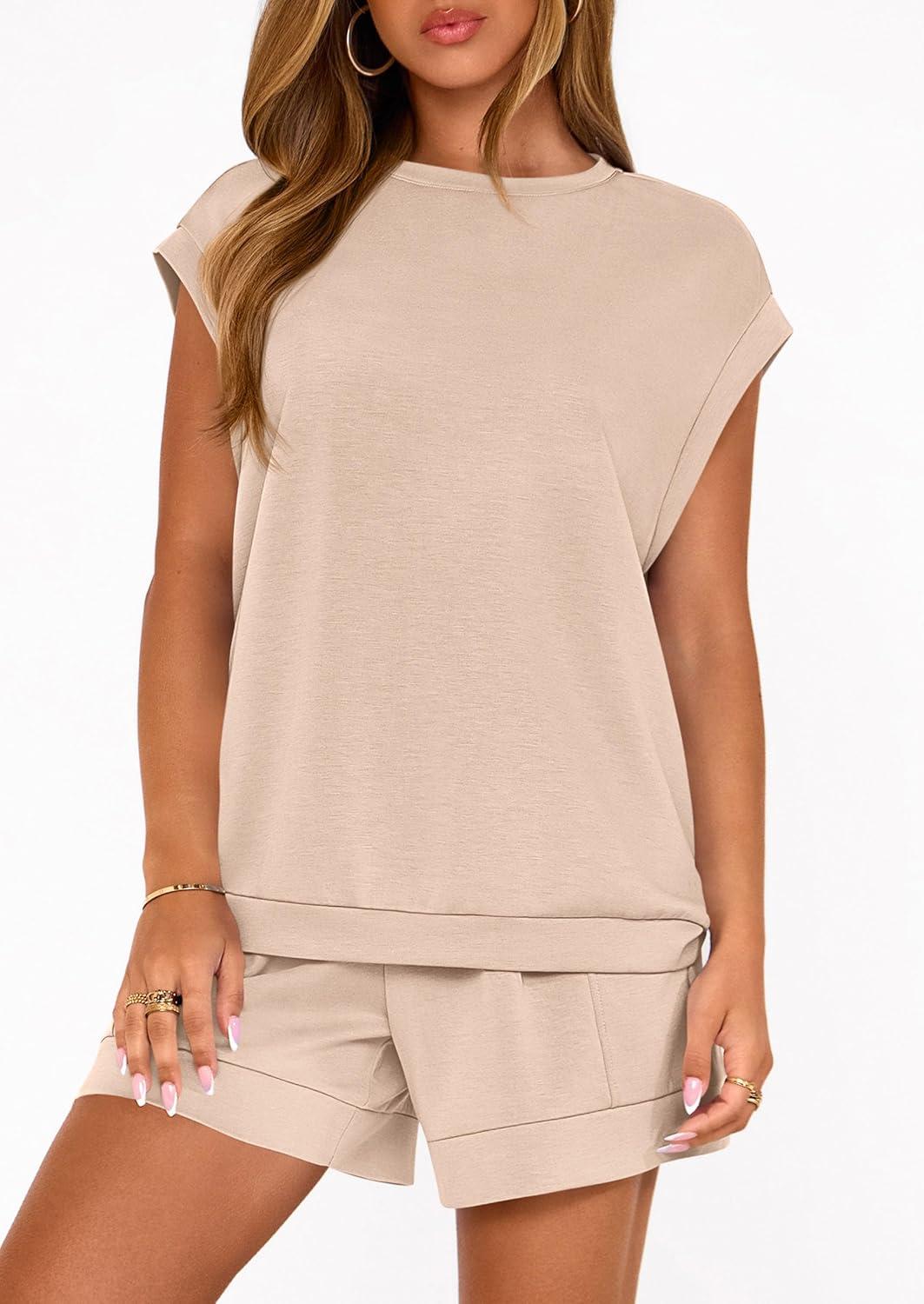 imagePRETTYGARDEN Two Piece Short Sets for Women Summer 2026 Matching Loungewear Travel Outfits Spring Beach Vacation ClothesBeige
