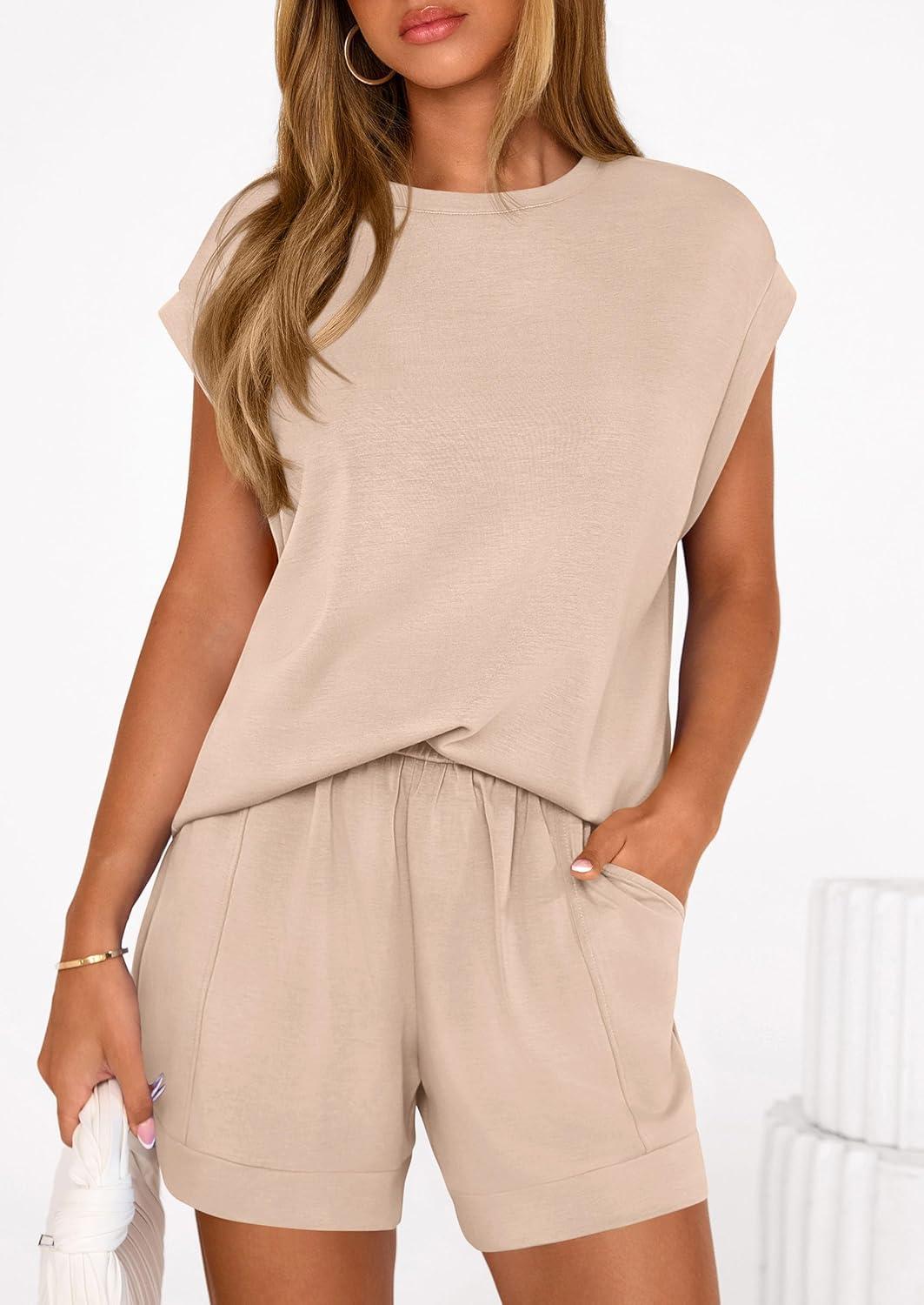 imagePRETTYGARDEN Two Piece Short Sets for Women Summer 2026 Matching Loungewear Travel Outfits Spring Beach Vacation ClothesBeige