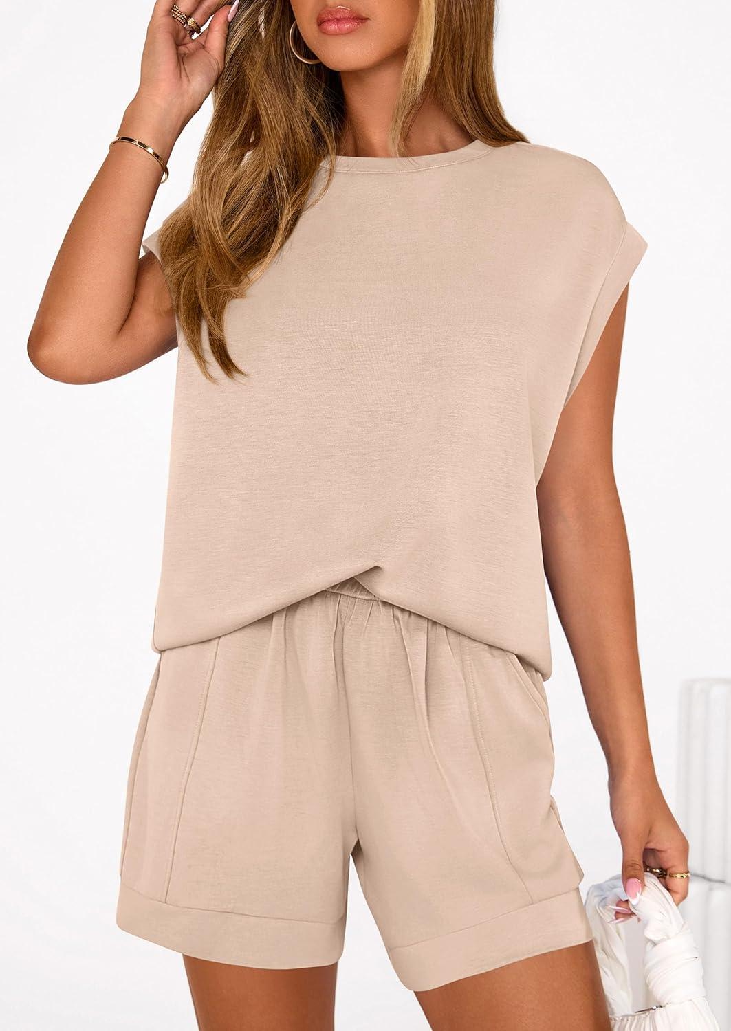 imagePRETTYGARDEN Two Piece Short Sets for Women Summer 2026 Matching Loungewear Travel Outfits Spring Beach Vacation ClothesBeige