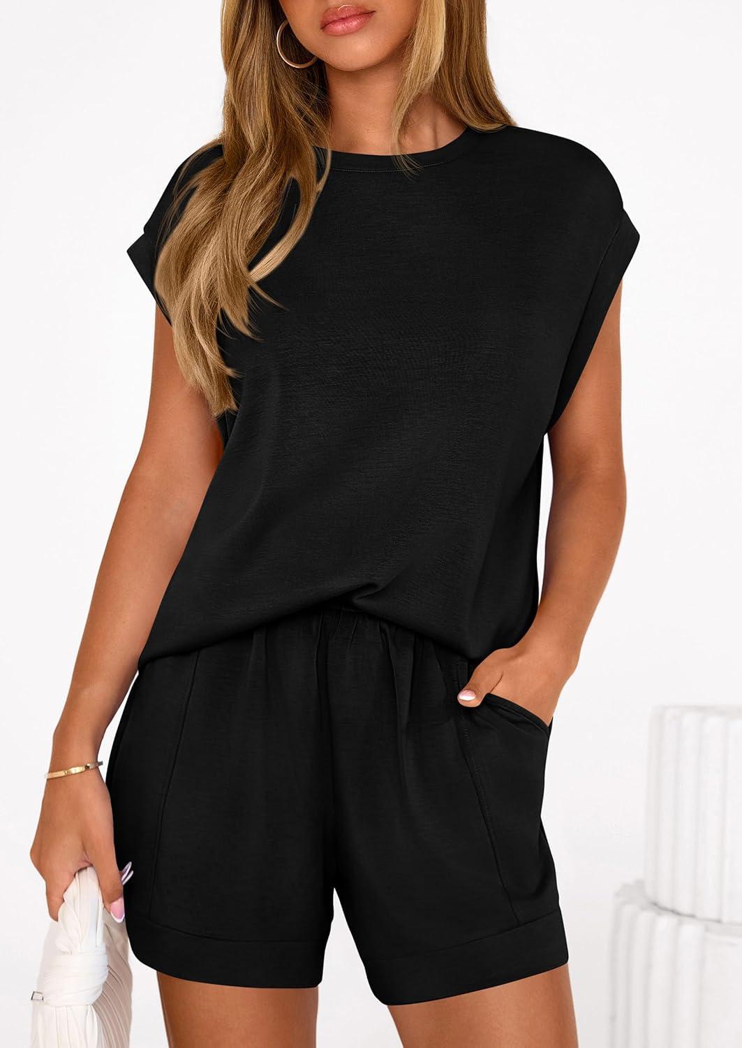 imagePRETTYGARDEN Two Piece Short Sets for Women Summer 2026 Matching Loungewear Travel Outfits Spring Beach Vacation ClothesBlack