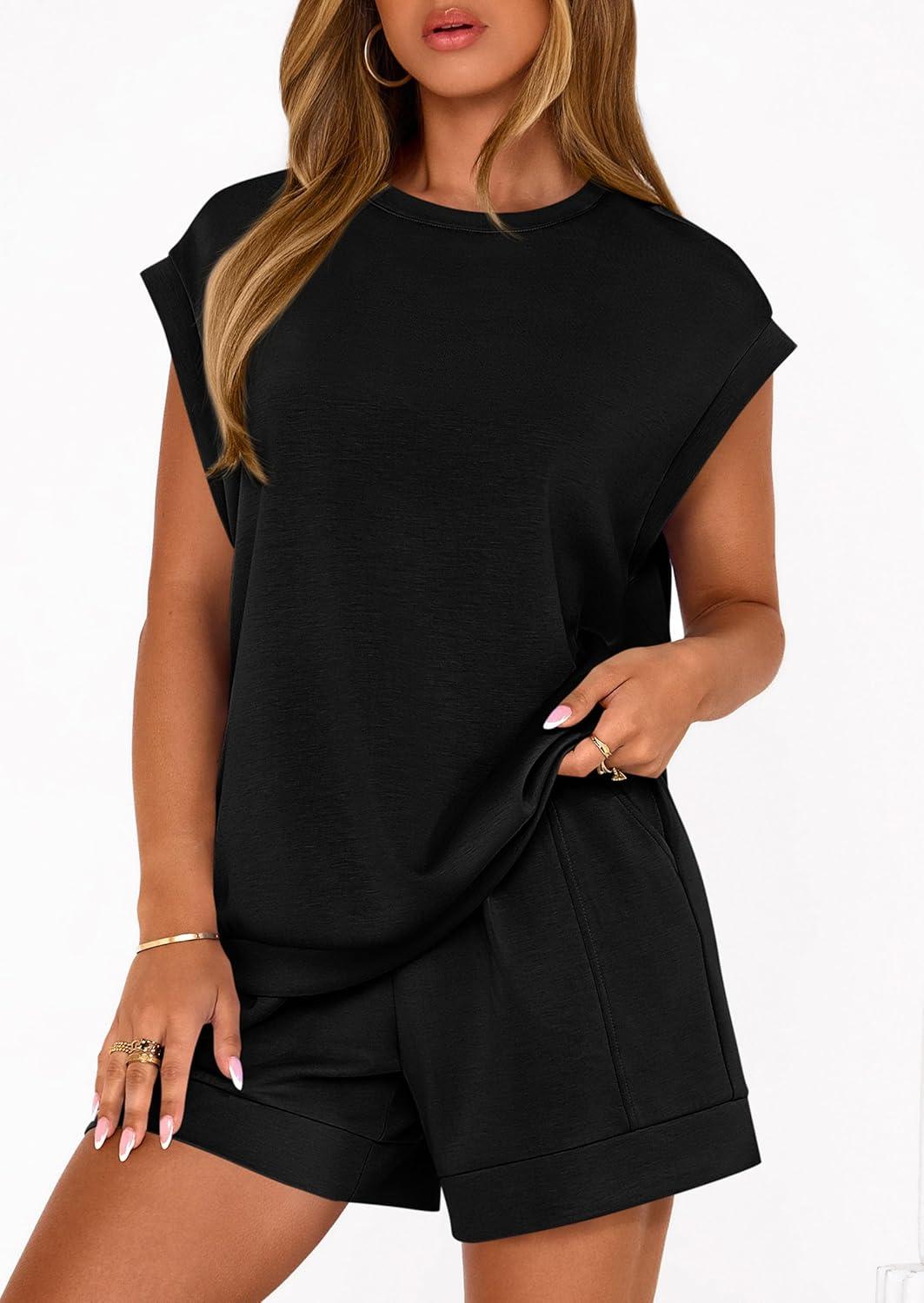 imagePRETTYGARDEN Two Piece Short Sets for Women Summer 2026 Matching Loungewear Travel Outfits Spring Beach Vacation ClothesBlack
