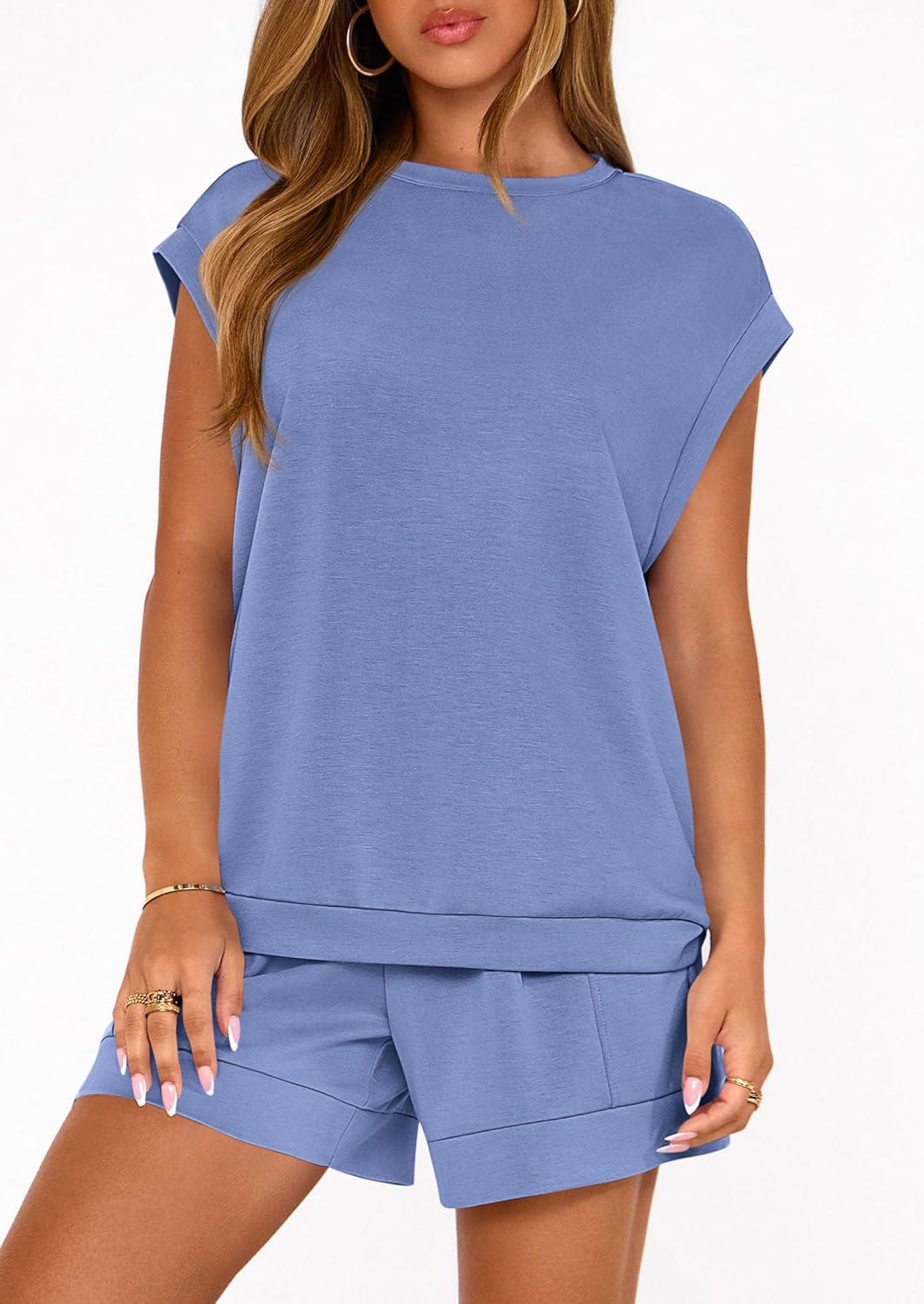 imagePRETTYGARDEN Two Piece Short Sets for Women Summer 2026 Matching Loungewear Travel Outfits Spring Beach Vacation ClothesBlue