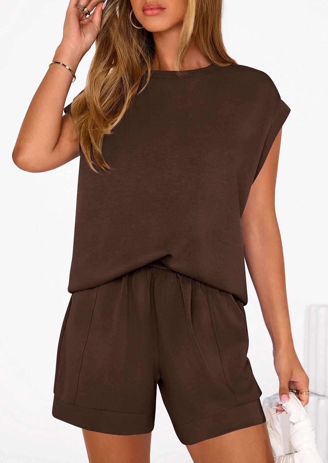 imagePRETTYGARDEN Two Piece Short Sets for Women Summer 2026 Matching Loungewear Travel Outfits Spring Beach Vacation ClothesBrown