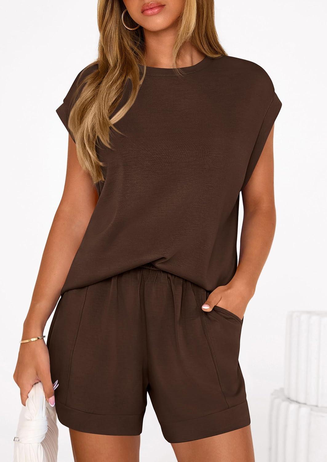 imagePRETTYGARDEN Two Piece Short Sets for Women Summer 2026 Matching Loungewear Travel Outfits Spring Beach Vacation ClothesBrown