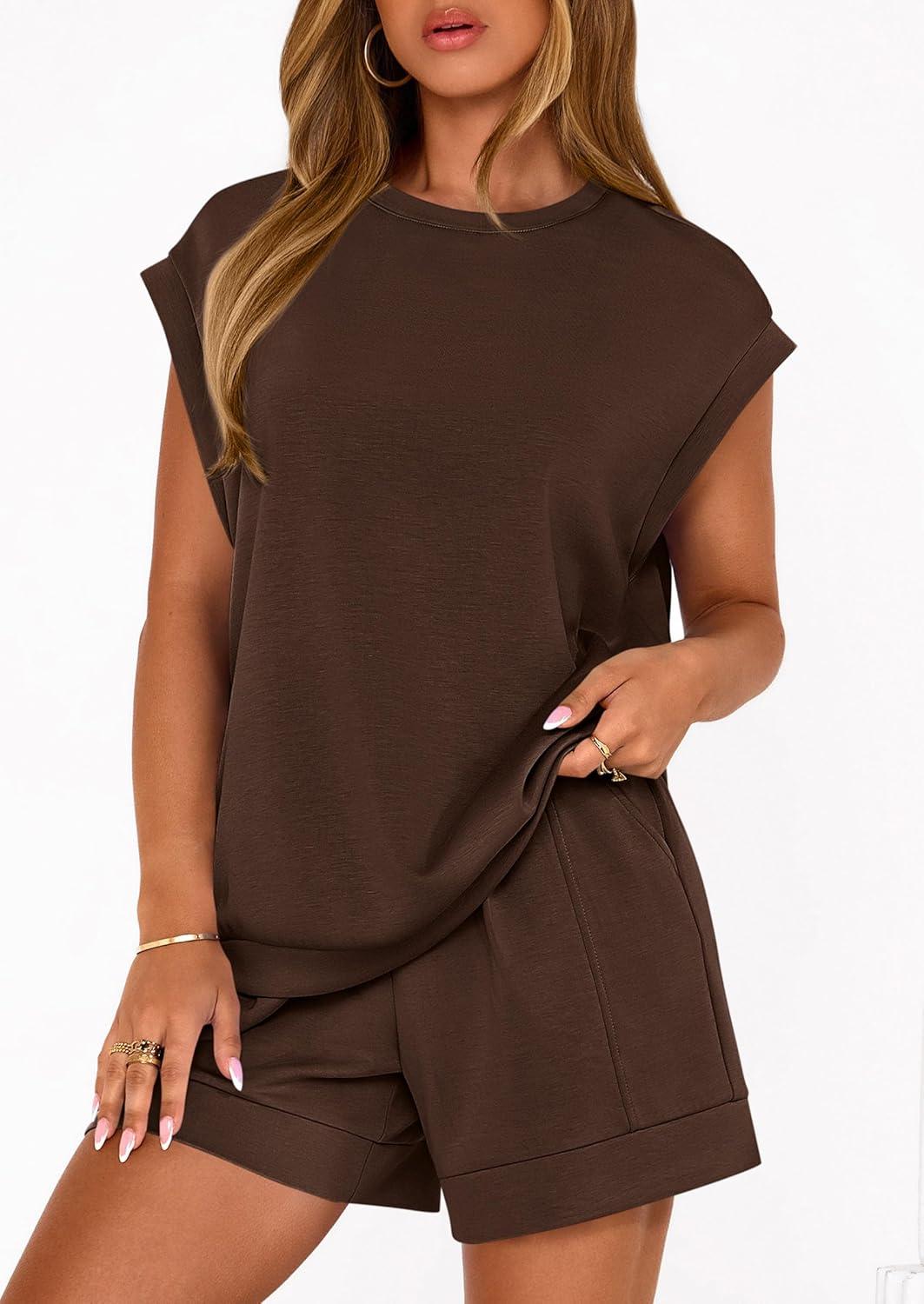 imagePRETTYGARDEN Two Piece Short Sets for Women Summer 2026 Matching Loungewear Travel Outfits Spring Beach Vacation ClothesBrown