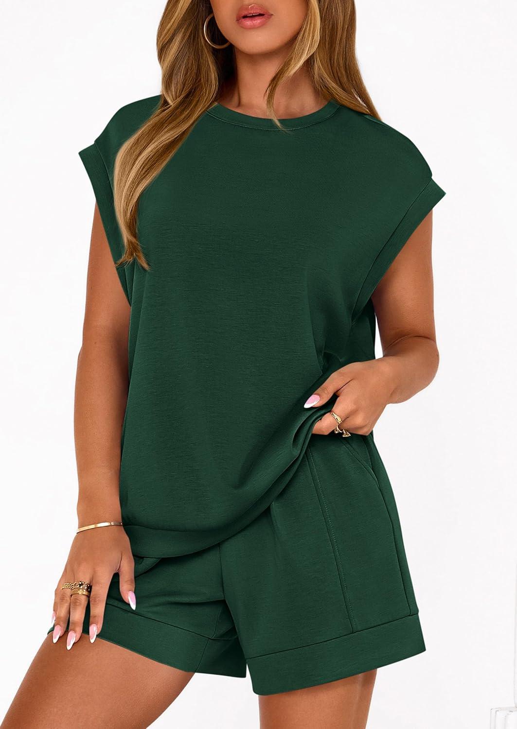 imagePRETTYGARDEN Two Piece Short Sets for Women Summer 2026 Matching Loungewear Travel Outfits Spring Beach Vacation ClothesDark Green