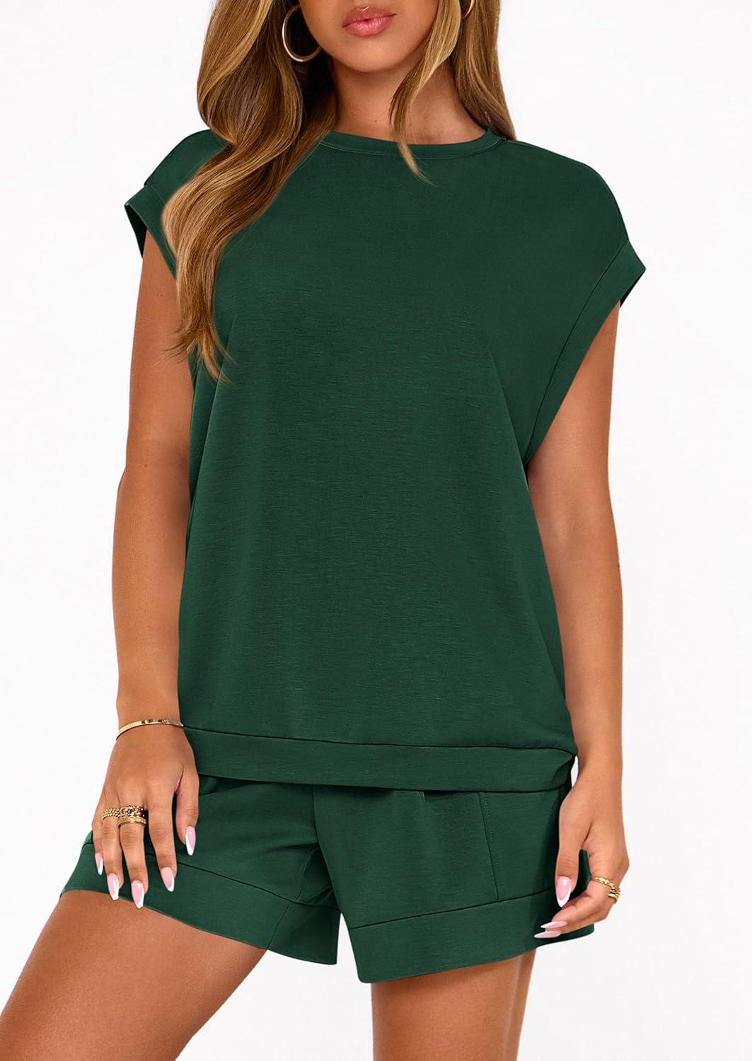 imagePRETTYGARDEN Two Piece Short Sets for Women Summer 2026 Matching Loungewear Travel Outfits Spring Beach Vacation ClothesDark Green