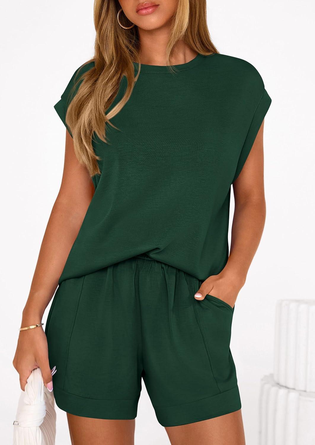 imagePRETTYGARDEN Two Piece Short Sets for Women Summer 2026 Matching Loungewear Travel Outfits Spring Beach Vacation ClothesDark Green