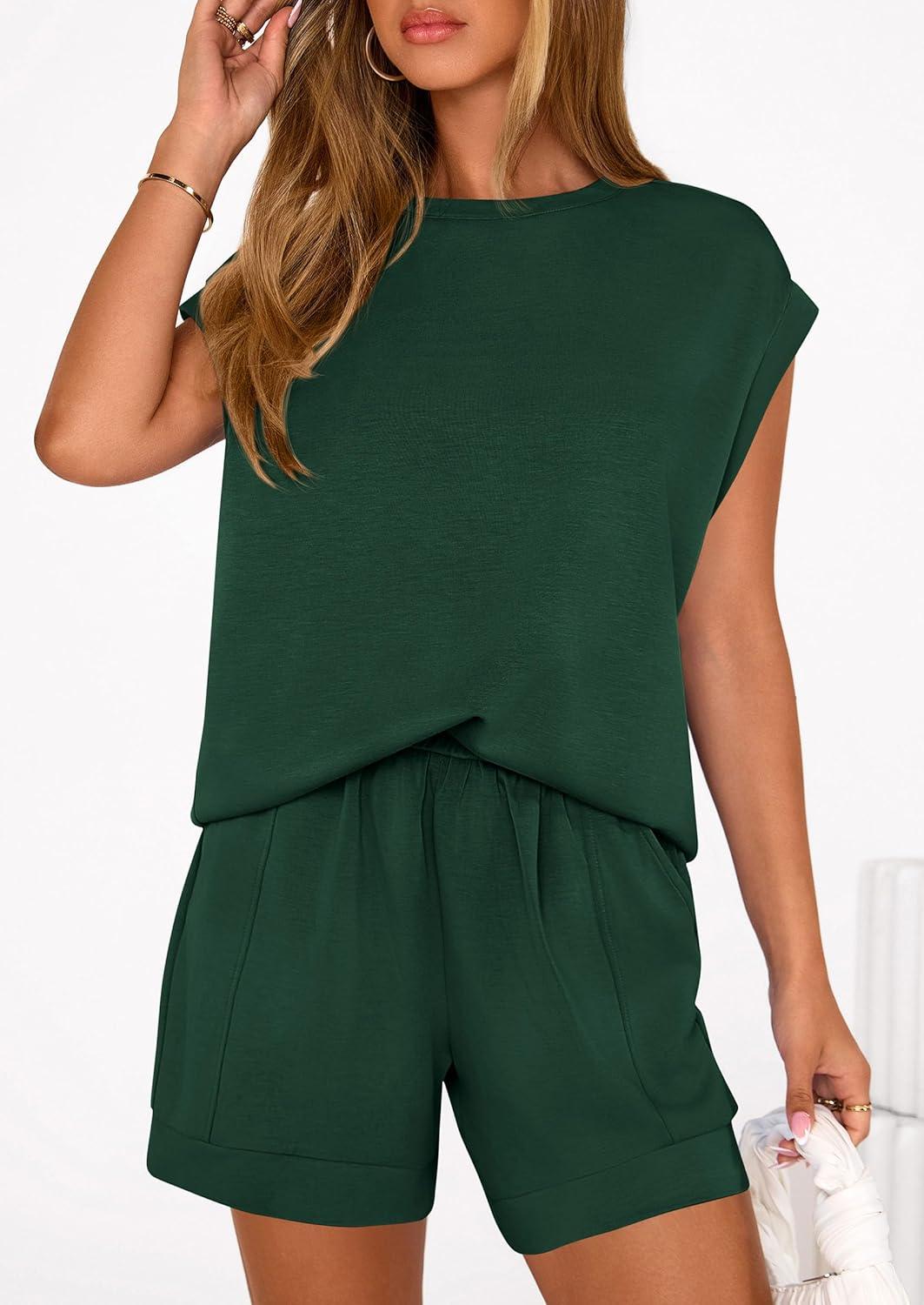 imagePRETTYGARDEN Two Piece Short Sets for Women Summer 2026 Matching Loungewear Travel Outfits Spring Beach Vacation ClothesDark Green