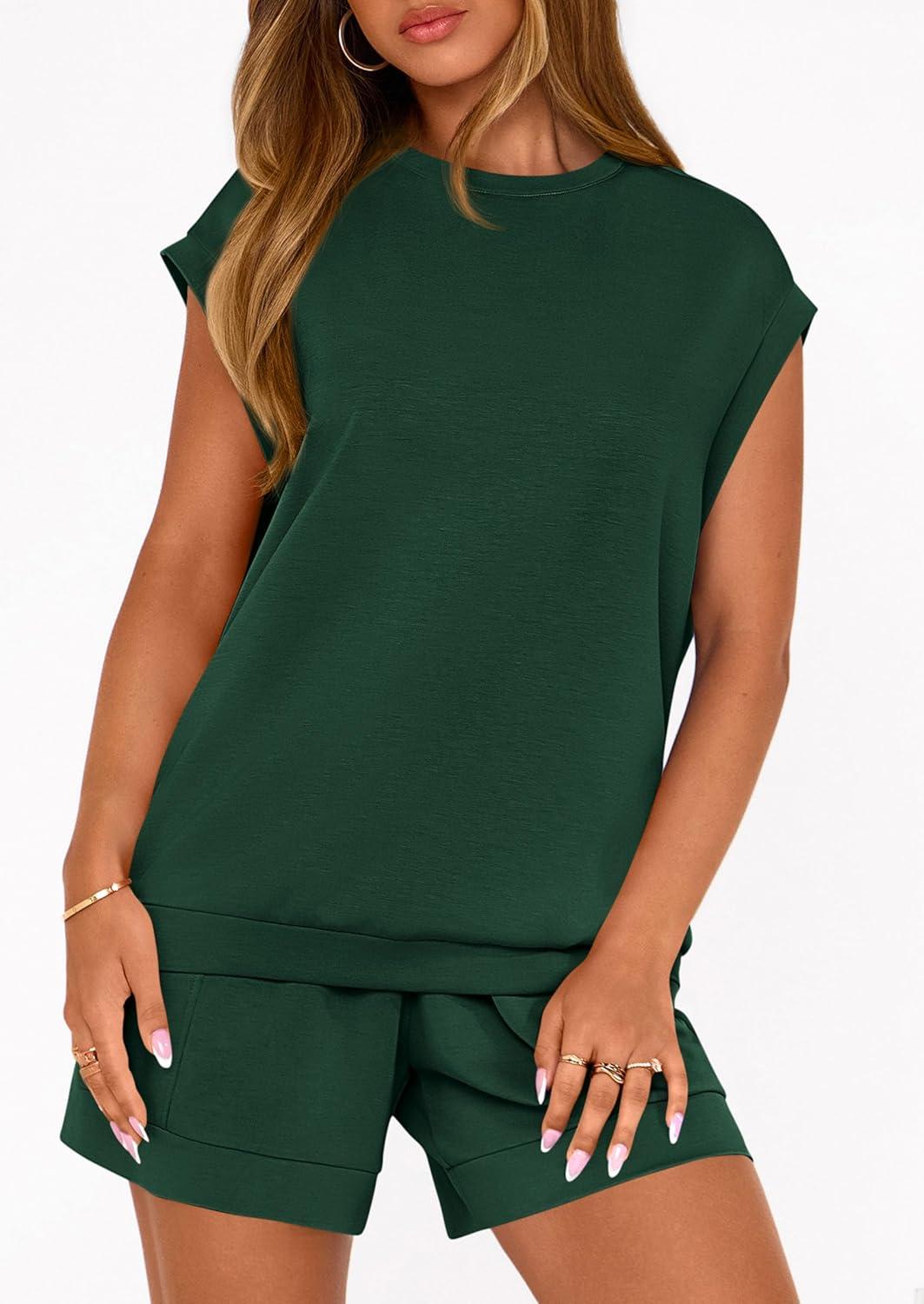 imagePRETTYGARDEN Two Piece Short Sets for Women Summer 2026 Matching Loungewear Travel Outfits Spring Beach Vacation ClothesDark Green