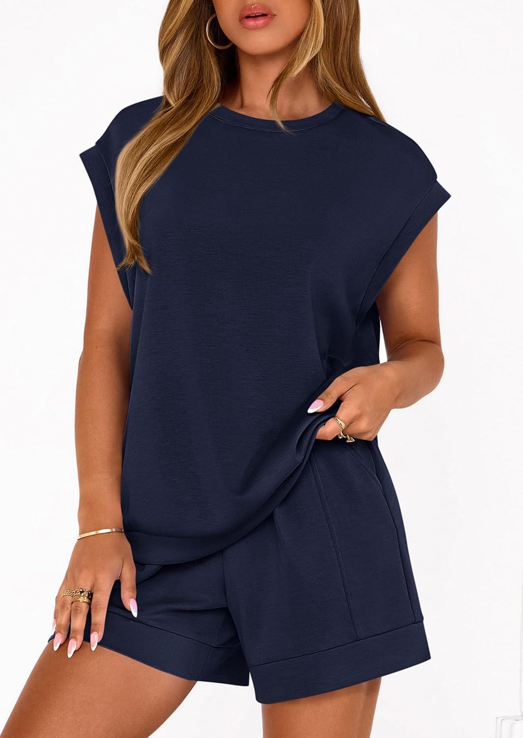 imagePRETTYGARDEN Two Piece Short Sets for Women Summer 2026 Matching Loungewear Travel Outfits Spring Beach Vacation ClothesNavy Blue