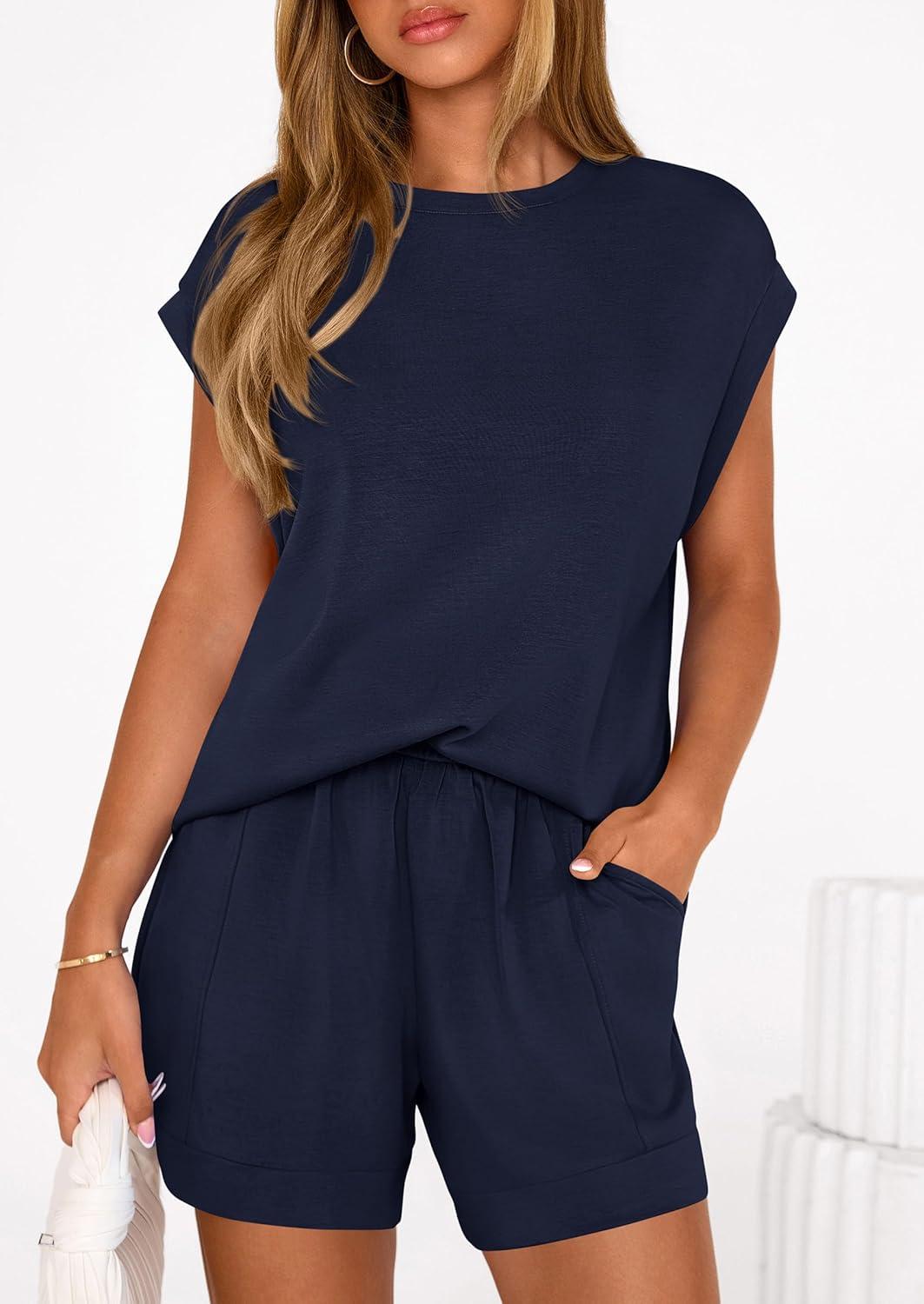 imagePRETTYGARDEN Two Piece Short Sets for Women Summer 2026 Matching Loungewear Travel Outfits Spring Beach Vacation ClothesNavy Blue