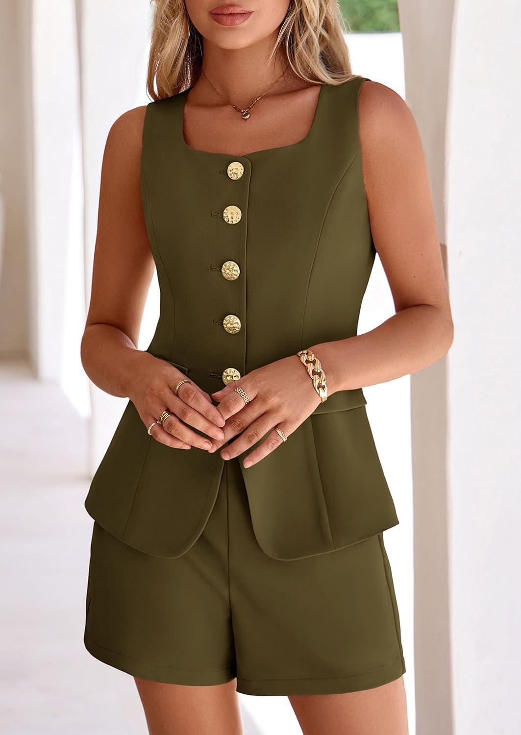 imagePRETTYGARDEN Womens 2 Piece Matching Sets 2026 Fashion Suit Vest Tops Shorts Set Spring Business Casual Vacation OutfitsArmy Green