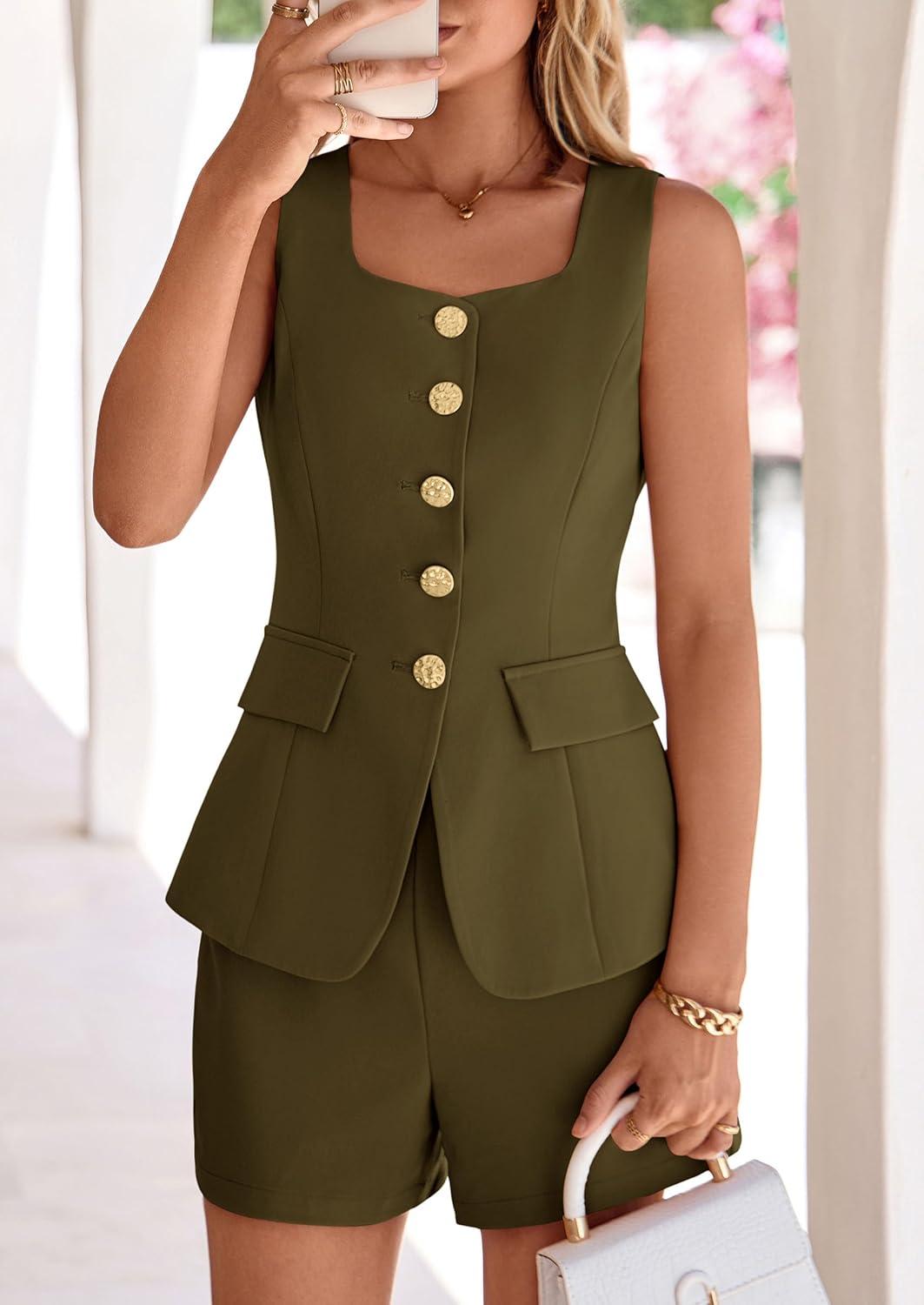 imagePRETTYGARDEN Womens 2 Piece Matching Sets 2026 Fashion Suit Vest Tops Shorts Set Spring Business Casual Vacation OutfitsArmy Green