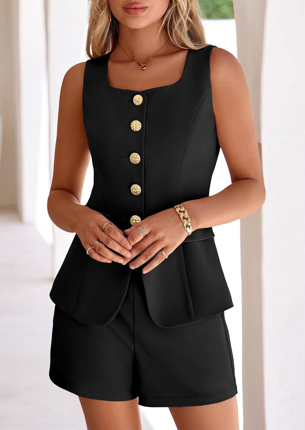 imagePRETTYGARDEN Womens 2 Piece Matching Sets 2026 Fashion Suit Vest Tops Shorts Set Spring Business Casual Vacation OutfitsBlack