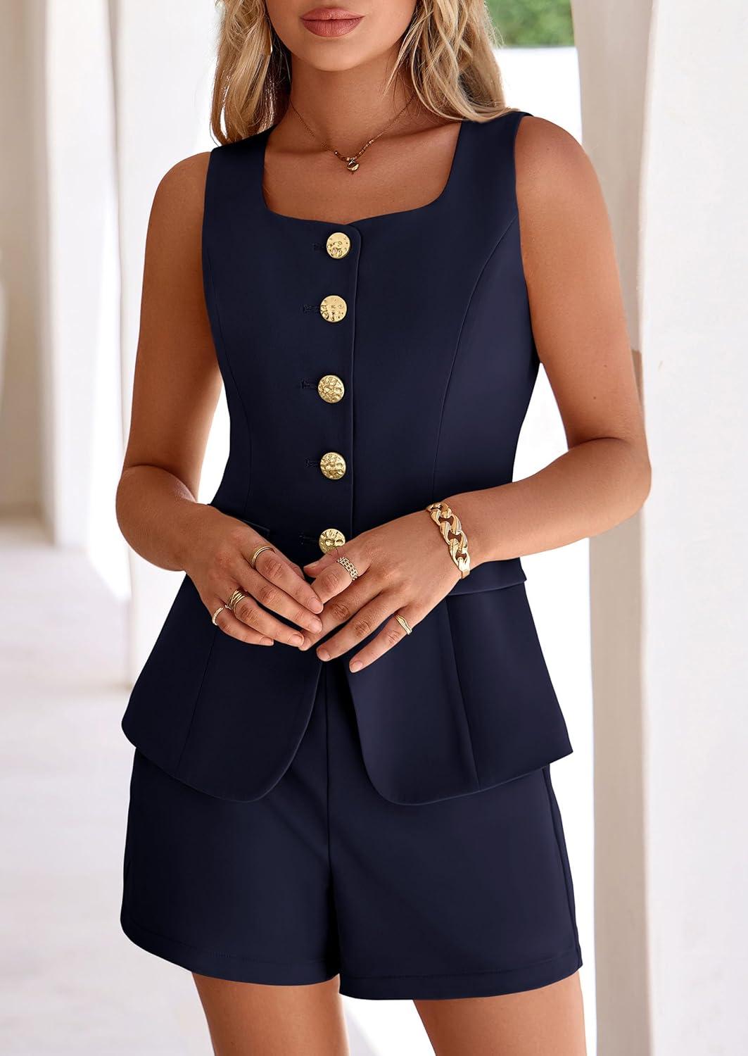 imagePRETTYGARDEN Womens 2 Piece Matching Sets 2026 Fashion Suit Vest Tops Shorts Set Spring Business Casual Vacation OutfitsNavy Blue