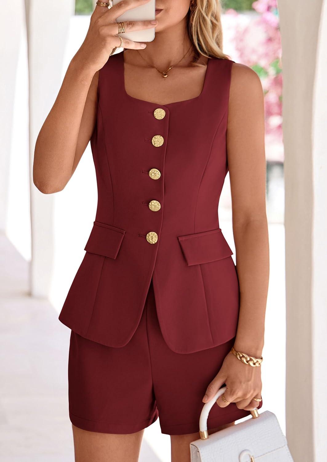 imagePRETTYGARDEN Womens 2 Piece Matching Sets 2026 Fashion Suit Vest Tops Shorts Set Spring Business Casual Vacation OutfitsWine Red