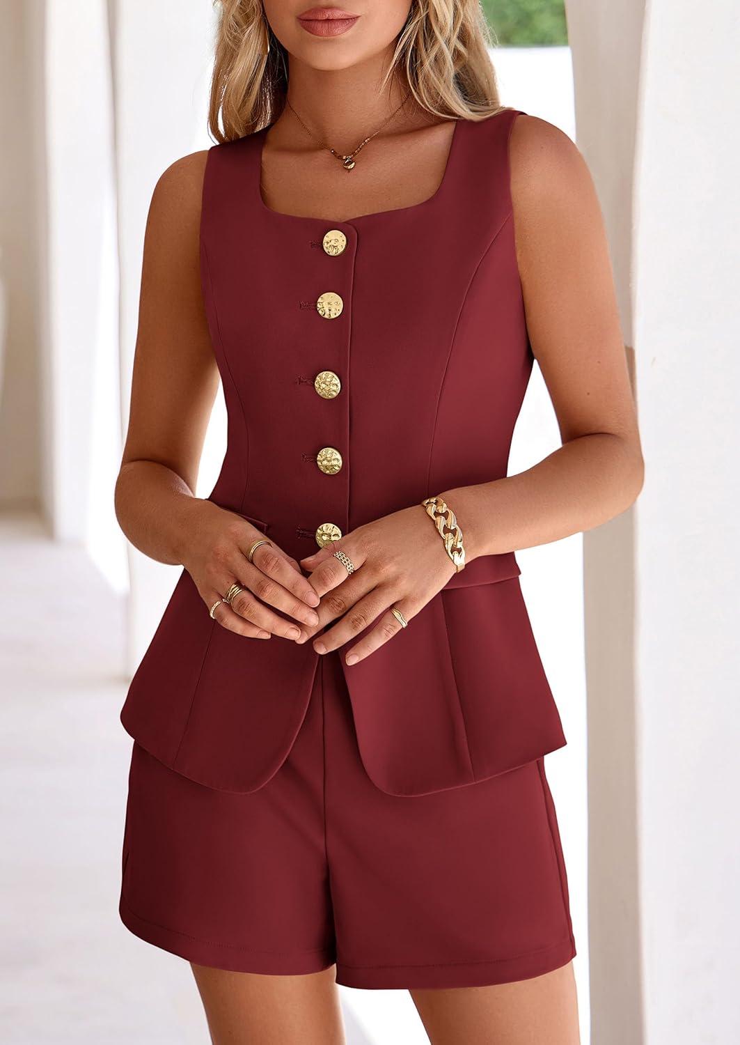 imagePRETTYGARDEN Womens 2 Piece Matching Sets 2026 Fashion Suit Vest Tops Shorts Set Spring Business Casual Vacation OutfitsWine Red