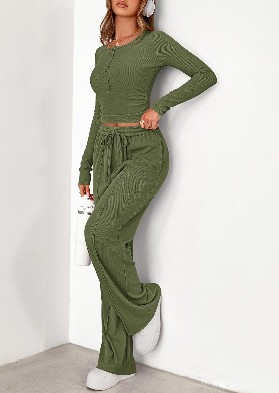 imagePRETTYGARDEN Womens 2026 Fall Trendy 2 Piece Outfits Lounge Sets Long Sleeve Top Henley Shirts Wide Leg Pants Travel ClothesArmy Green