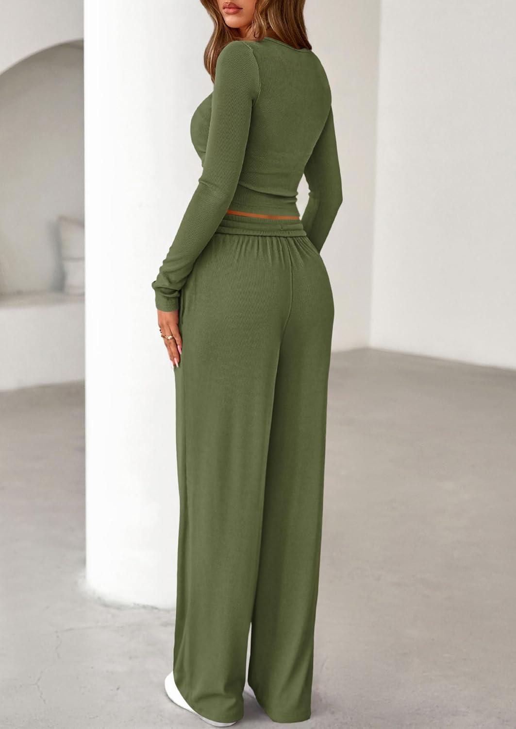 imagePRETTYGARDEN Womens 2026 Fall Trendy 2 Piece Outfits Lounge Sets Long Sleeve Top Henley Shirts Wide Leg Pants Travel ClothesArmy Green