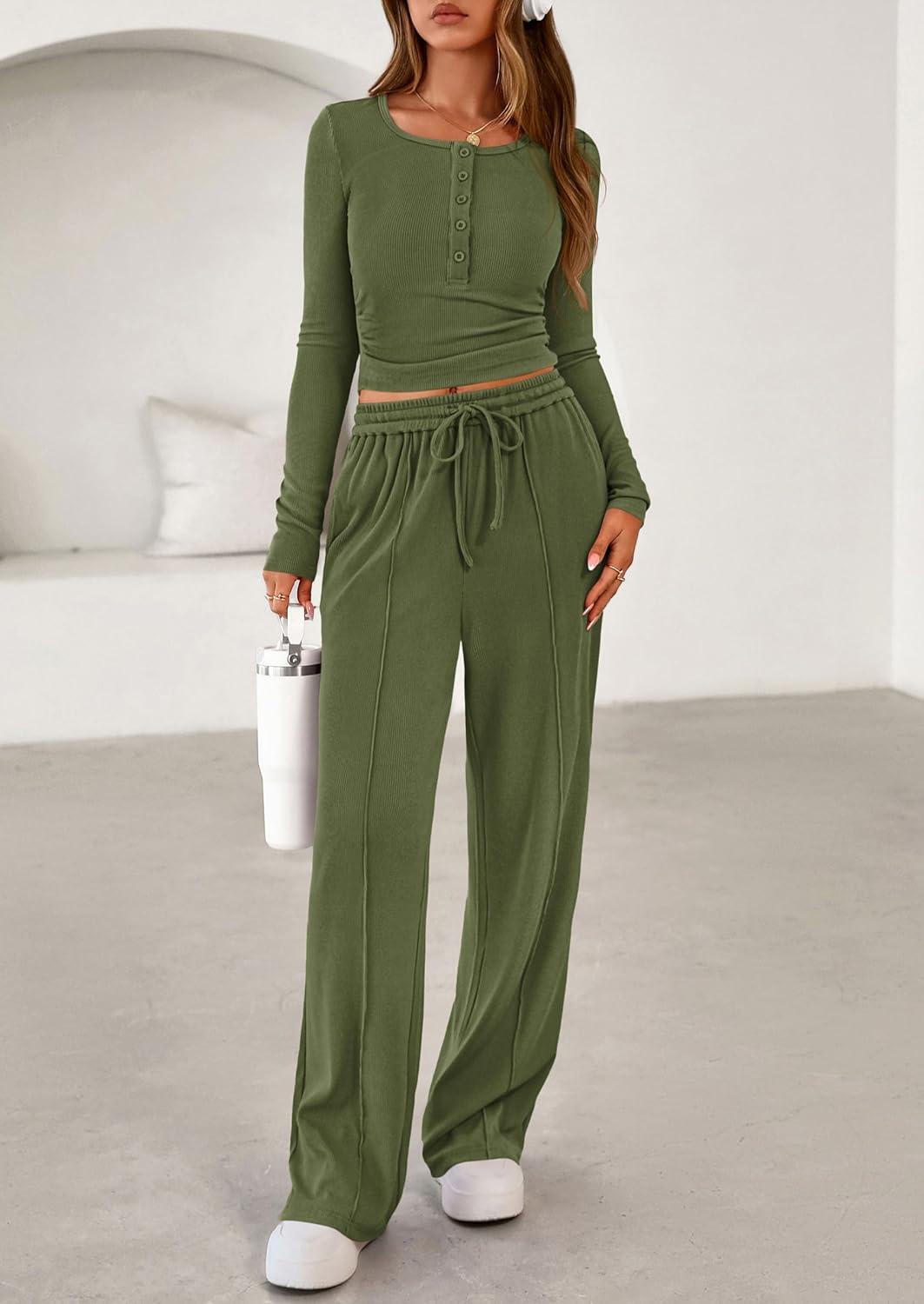 imagePRETTYGARDEN Womens 2026 Fall Trendy 2 Piece Outfits Lounge Sets Long Sleeve Top Henley Shirts Wide Leg Pants Travel ClothesArmy Green
