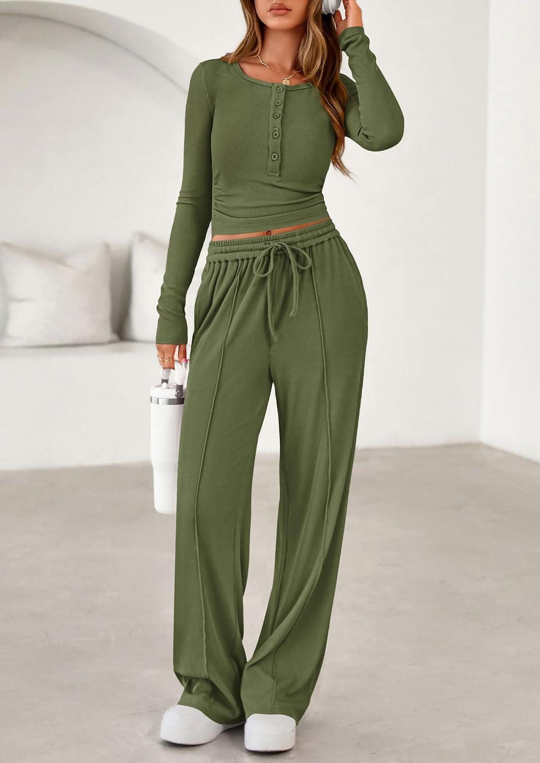 imagePRETTYGARDEN Womens 2026 Fall Trendy 2 Piece Outfits Lounge Sets Long Sleeve Top Henley Shirts Wide Leg Pants Travel ClothesArmy Green