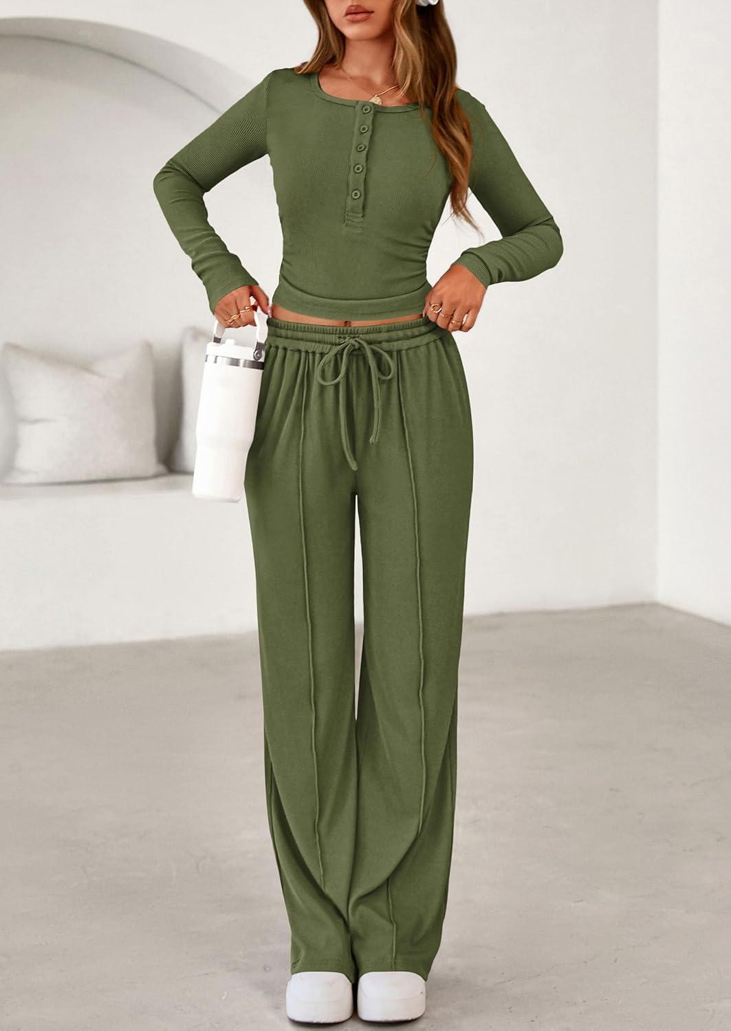 imagePRETTYGARDEN Womens 2026 Fall Trendy 2 Piece Outfits Lounge Sets Long Sleeve Top Henley Shirts Wide Leg Pants Travel ClothesArmy Green