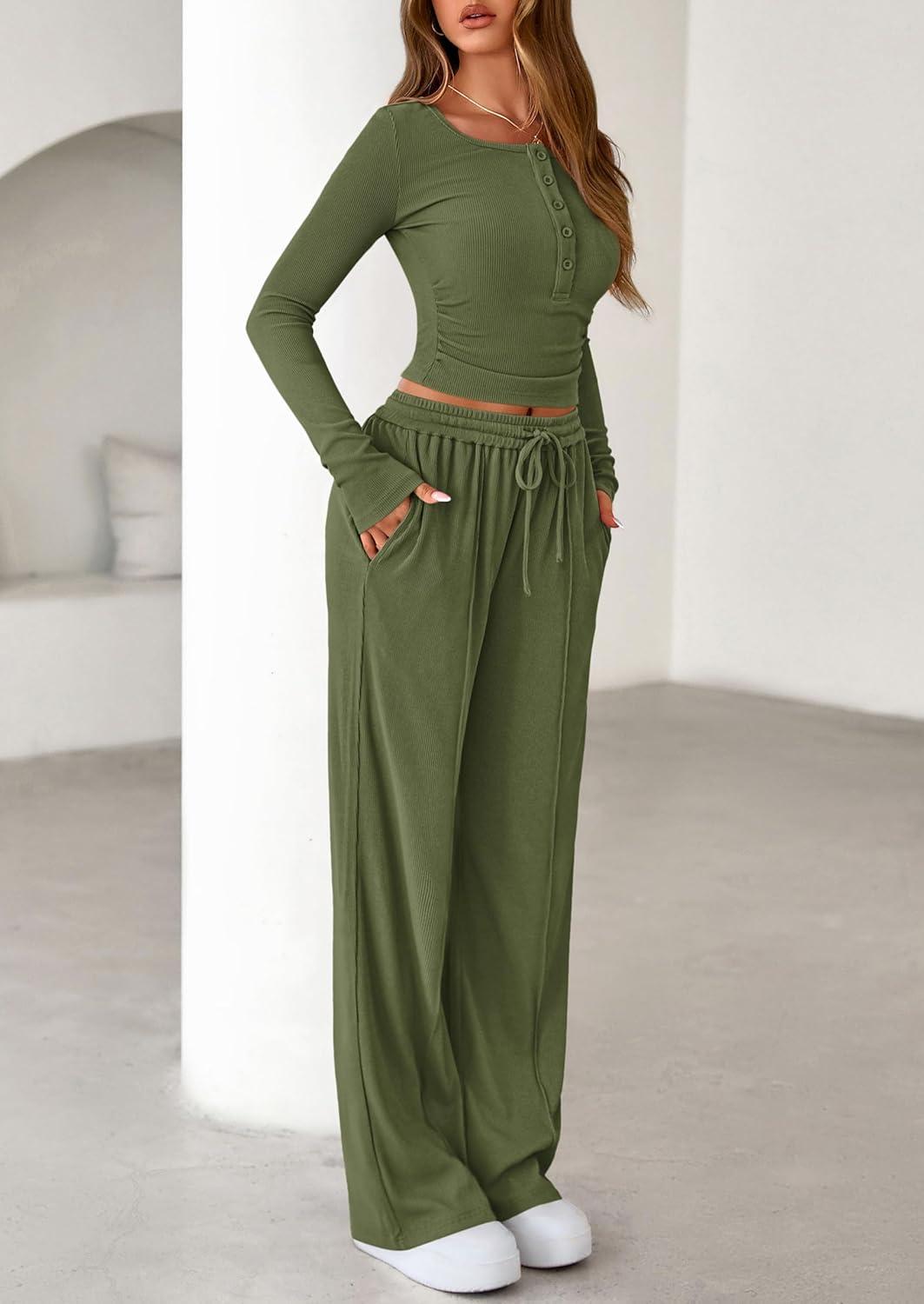imagePRETTYGARDEN Womens 2026 Fall Trendy 2 Piece Outfits Lounge Sets Long Sleeve Top Henley Shirts Wide Leg Pants Travel ClothesArmy Green