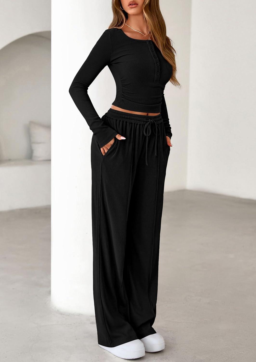 imagePRETTYGARDEN Womens 2026 Fall Trendy 2 Piece Outfits Lounge Sets Long Sleeve Top Henley Shirts Wide Leg Pants Travel ClothesBlack