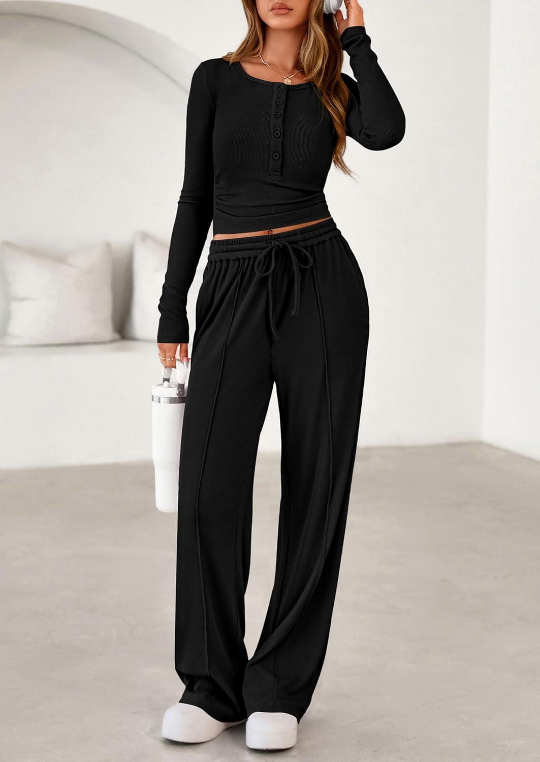 imagePRETTYGARDEN Womens 2026 Fall Trendy 2 Piece Outfits Lounge Sets Long Sleeve Top Henley Shirts Wide Leg Pants Travel ClothesBlack