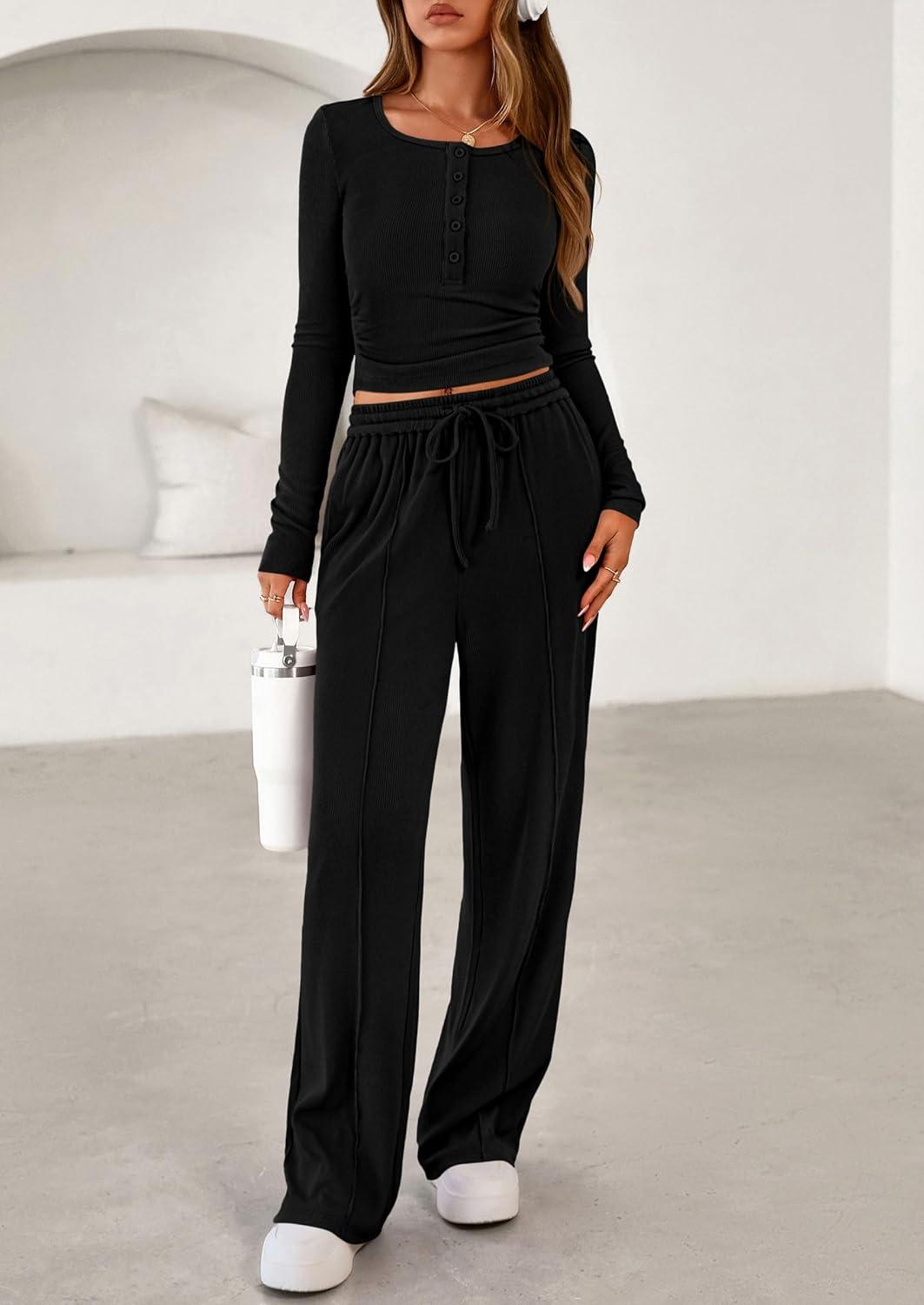 imagePRETTYGARDEN Womens 2026 Fall Trendy 2 Piece Outfits Lounge Sets Long Sleeve Top Henley Shirts Wide Leg Pants Travel ClothesBlack