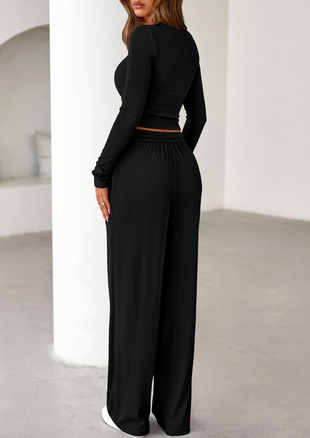 imagePRETTYGARDEN Womens 2026 Fall Trendy 2 Piece Outfits Lounge Sets Long Sleeve Top Henley Shirts Wide Leg Pants Travel ClothesBlack