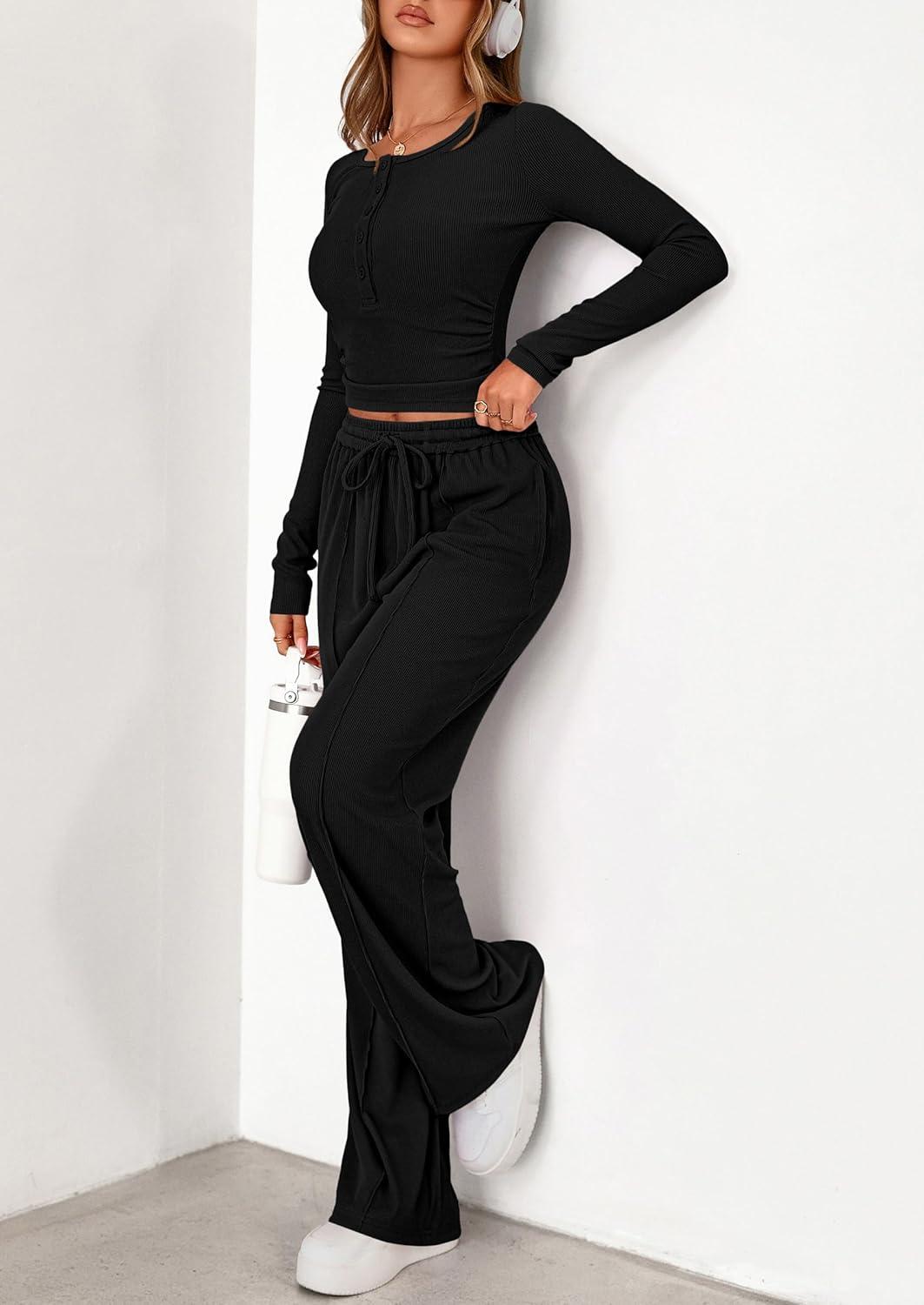 imagePRETTYGARDEN Womens 2026 Fall Trendy 2 Piece Outfits Lounge Sets Long Sleeve Top Henley Shirts Wide Leg Pants Travel ClothesBlack