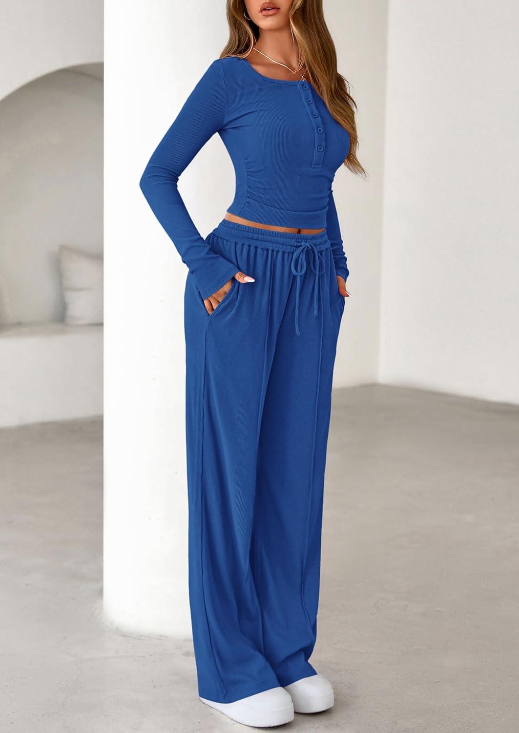 imagePRETTYGARDEN Womens 2026 Fall Trendy 2 Piece Outfits Lounge Sets Long Sleeve Top Henley Shirts Wide Leg Pants Travel ClothesBlue