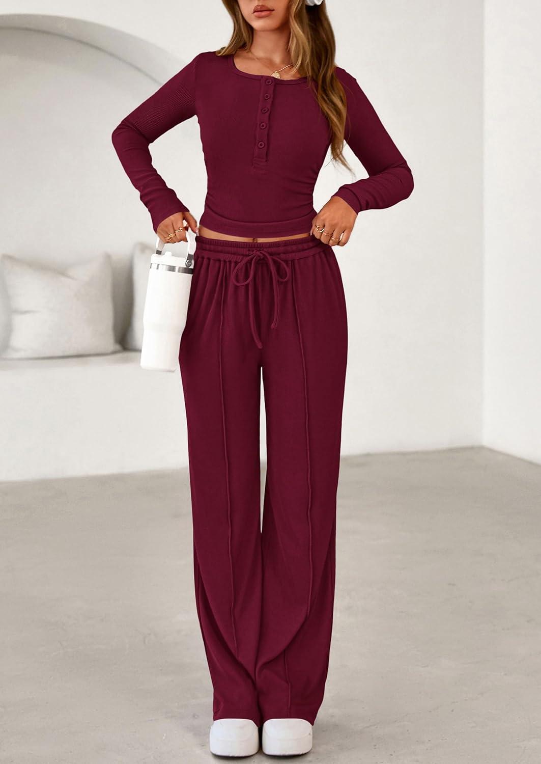imagePRETTYGARDEN Womens 2026 Fall Trendy 2 Piece Outfits Lounge Sets Long Sleeve Top Henley Shirts Wide Leg Pants Travel ClothesBurgundy