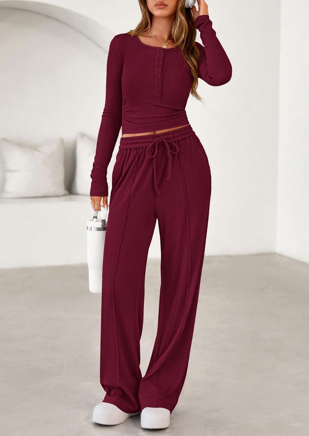 imagePRETTYGARDEN Womens 2026 Fall Trendy 2 Piece Outfits Lounge Sets Long Sleeve Top Henley Shirts Wide Leg Pants Travel ClothesBurgundy