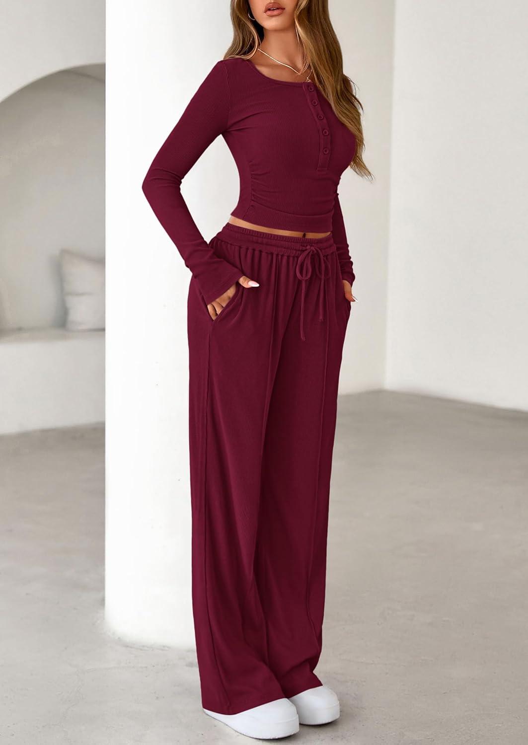imagePRETTYGARDEN Womens 2026 Fall Trendy 2 Piece Outfits Lounge Sets Long Sleeve Top Henley Shirts Wide Leg Pants Travel ClothesBurgundy