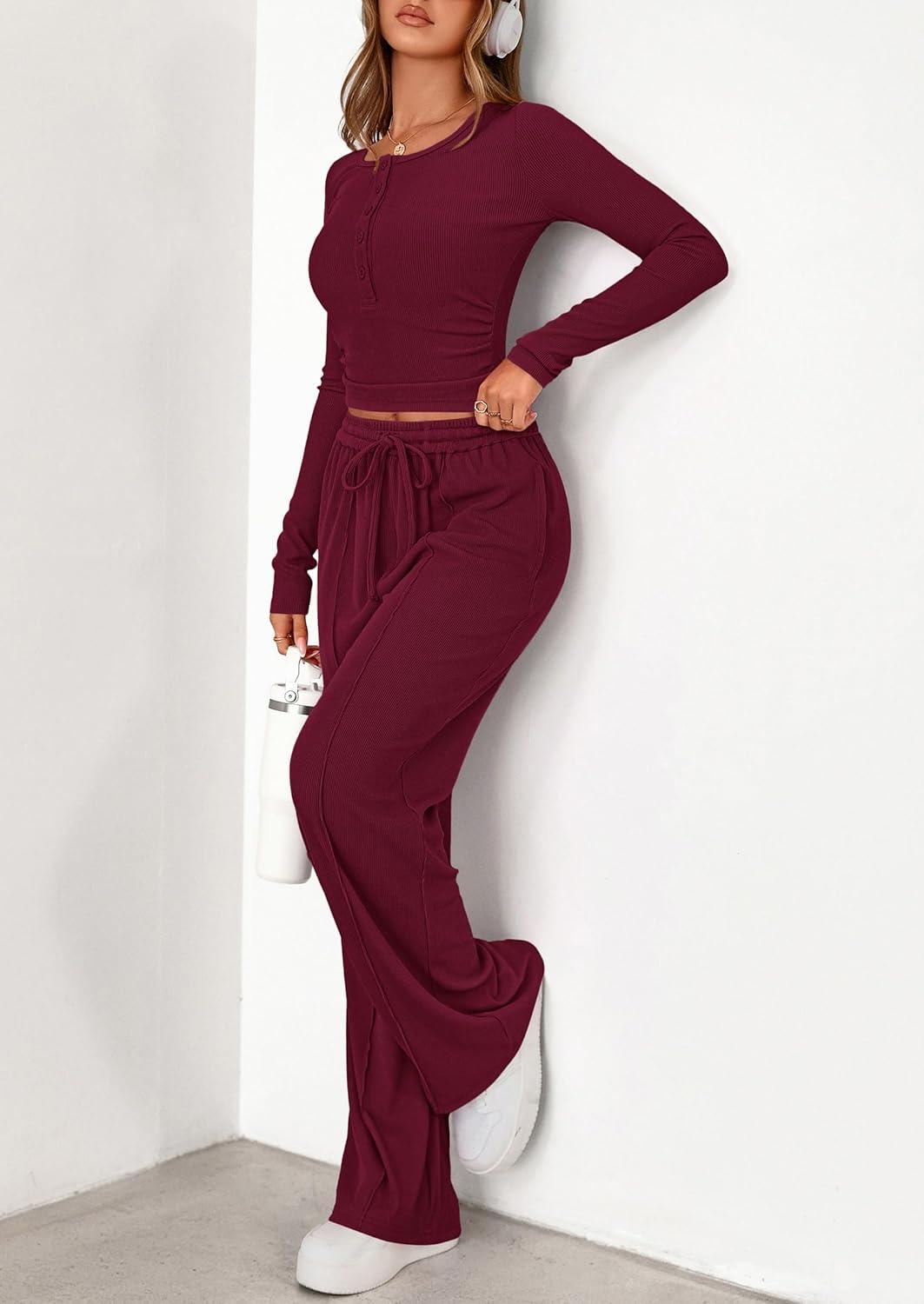 imagePRETTYGARDEN Womens 2026 Fall Trendy 2 Piece Outfits Lounge Sets Long Sleeve Top Henley Shirts Wide Leg Pants Travel ClothesBurgundy