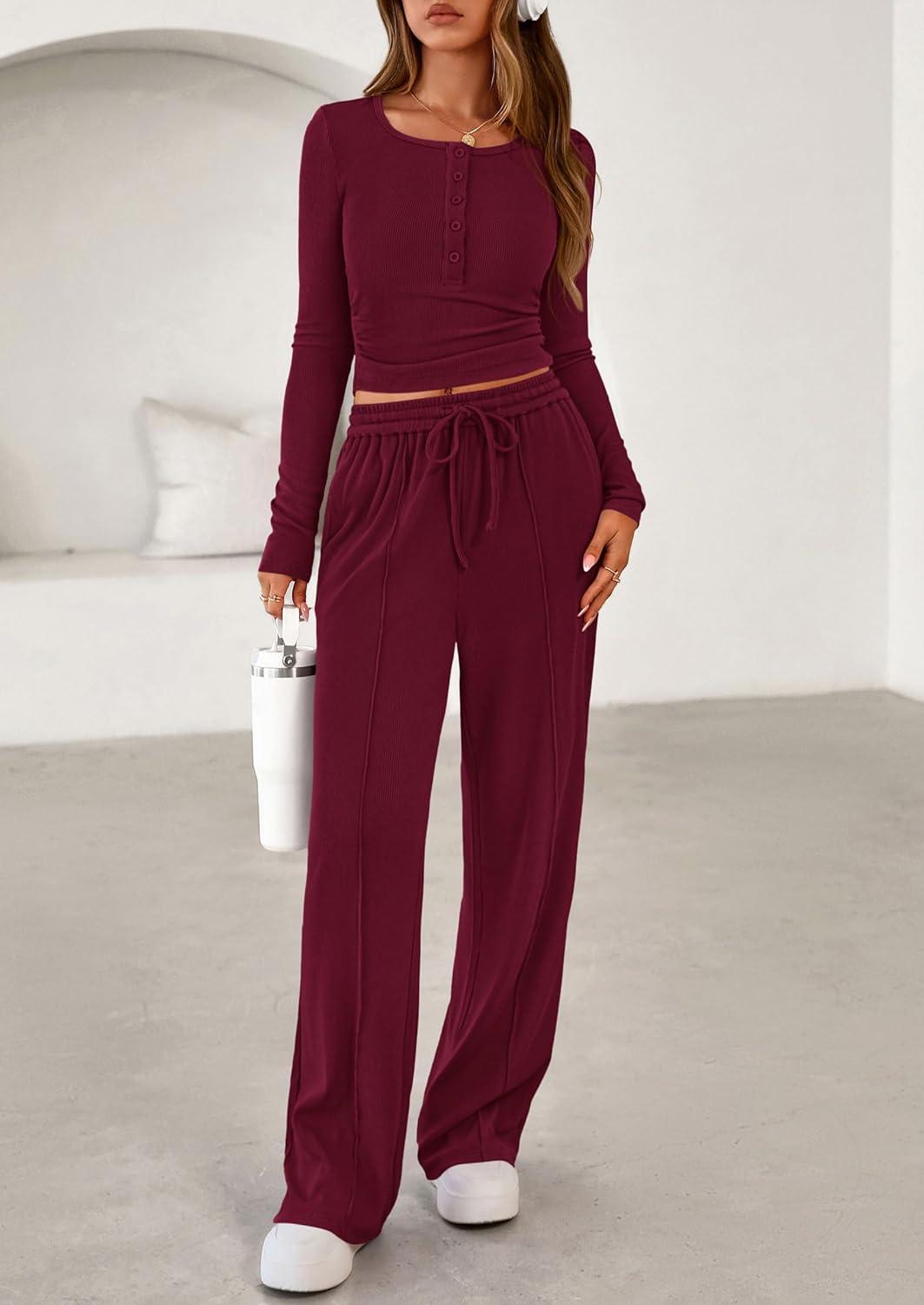 imagePRETTYGARDEN Womens 2026 Fall Trendy 2 Piece Outfits Lounge Sets Long Sleeve Top Henley Shirts Wide Leg Pants Travel ClothesBurgundy