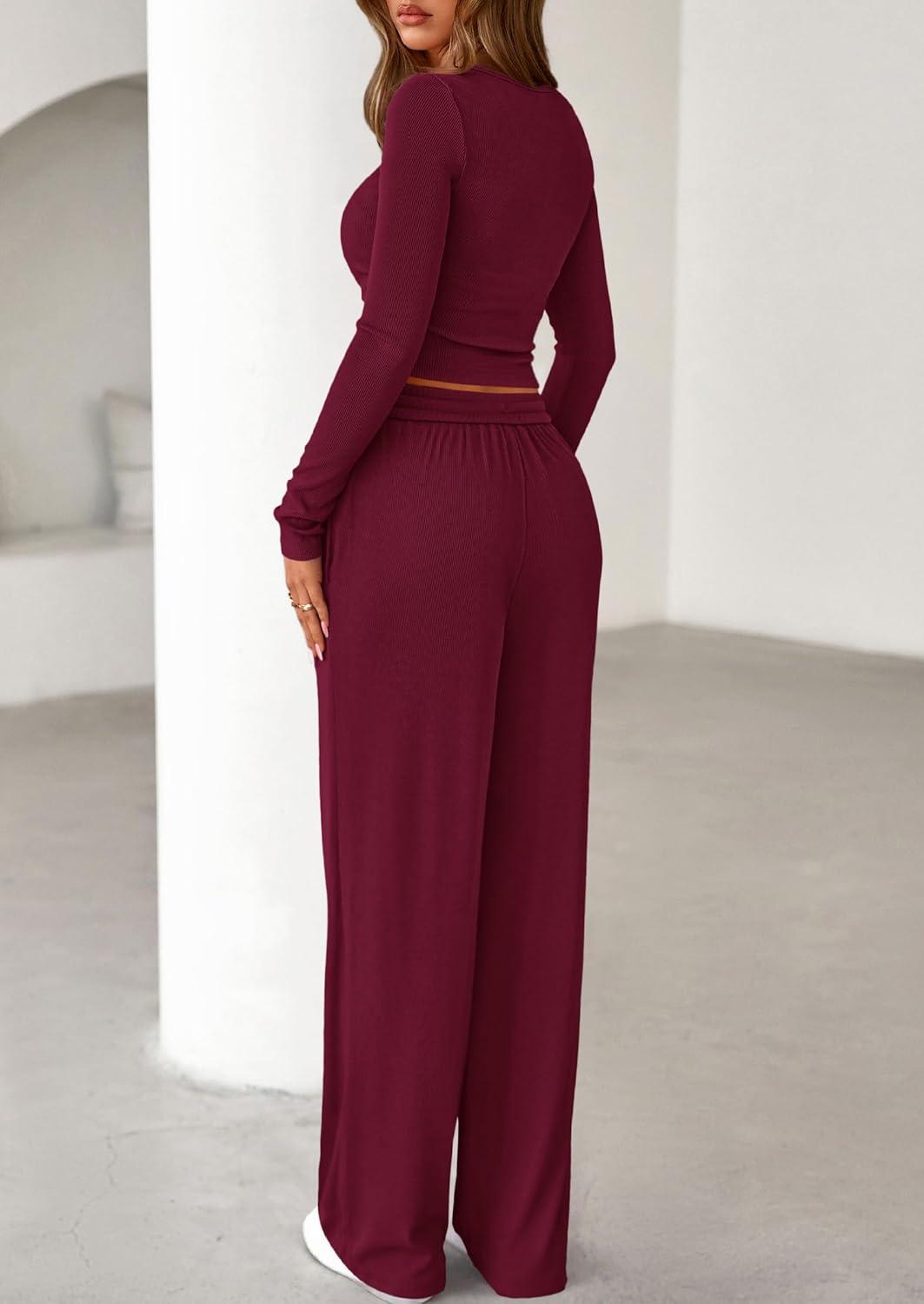 imagePRETTYGARDEN Womens 2026 Fall Trendy 2 Piece Outfits Lounge Sets Long Sleeve Top Henley Shirts Wide Leg Pants Travel ClothesBurgundy