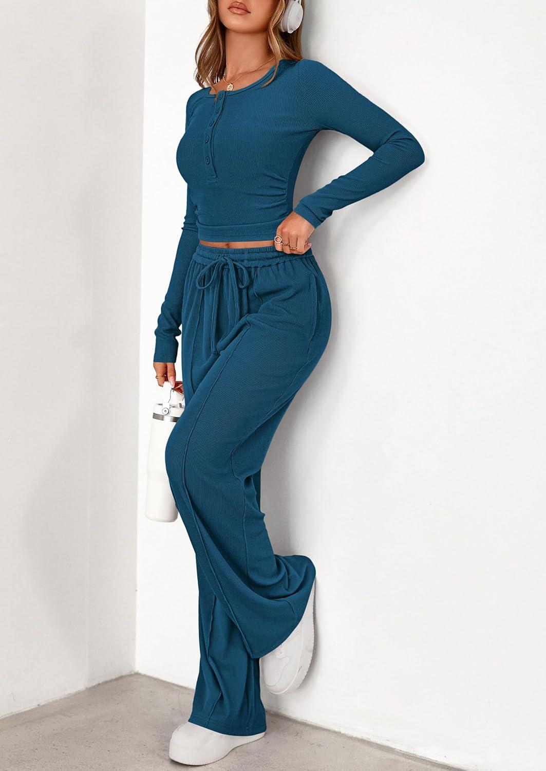 imagePRETTYGARDEN Womens 2026 Fall Trendy 2 Piece Outfits Lounge Sets Long Sleeve Top Henley Shirts Wide Leg Pants Travel ClothesDark Blue