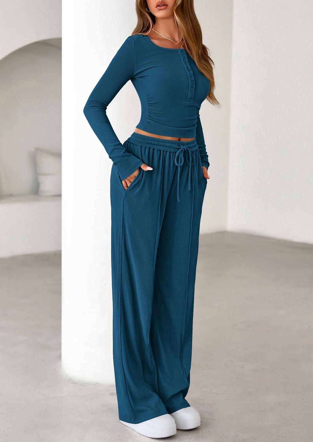 imagePRETTYGARDEN Womens 2026 Fall Trendy 2 Piece Outfits Lounge Sets Long Sleeve Top Henley Shirts Wide Leg Pants Travel ClothesDark Blue