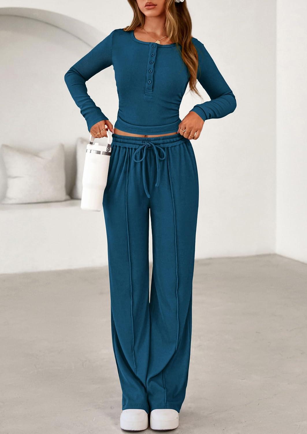 imagePRETTYGARDEN Womens 2026 Fall Trendy 2 Piece Outfits Lounge Sets Long Sleeve Top Henley Shirts Wide Leg Pants Travel ClothesDark Blue