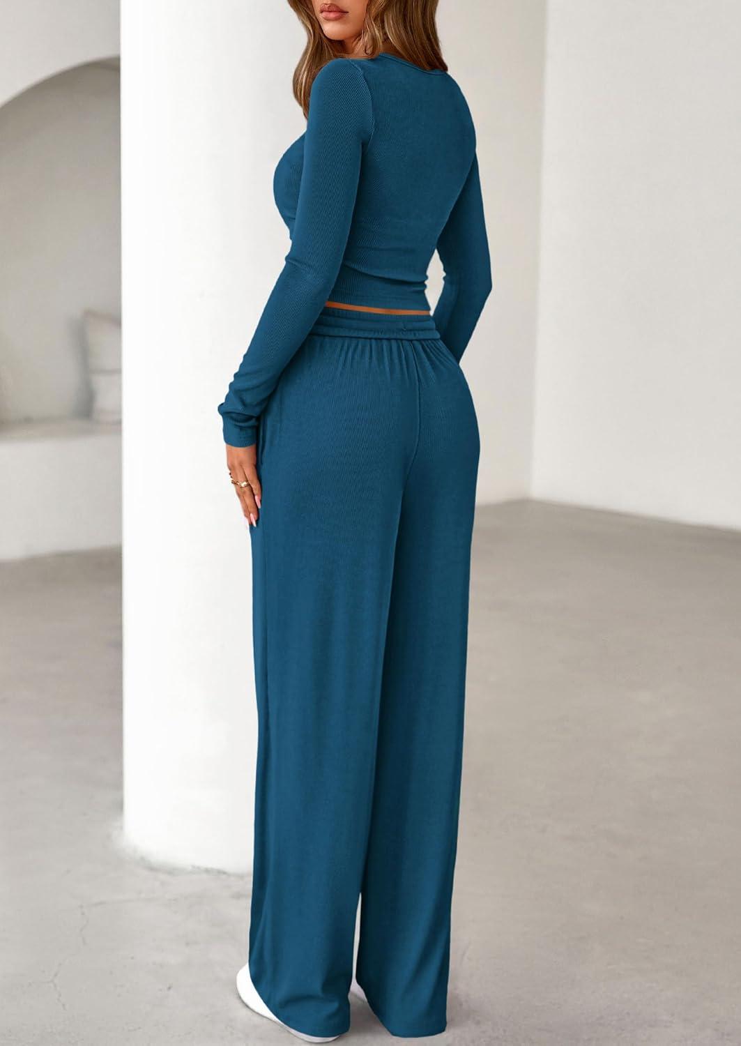 imagePRETTYGARDEN Womens 2026 Fall Trendy 2 Piece Outfits Lounge Sets Long Sleeve Top Henley Shirts Wide Leg Pants Travel ClothesDark Blue