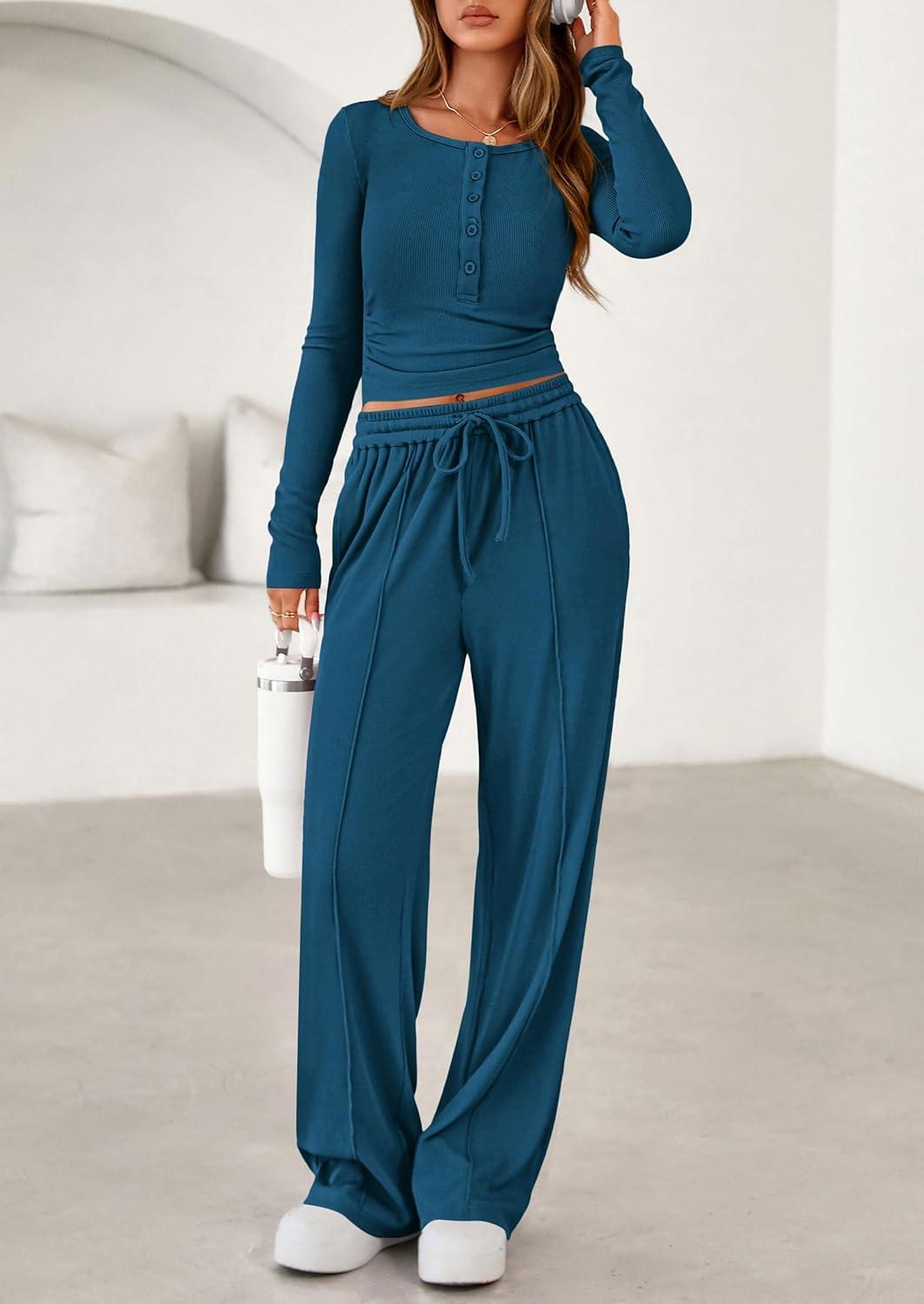 imagePRETTYGARDEN Womens 2026 Fall Trendy 2 Piece Outfits Lounge Sets Long Sleeve Top Henley Shirts Wide Leg Pants Travel ClothesDark Blue