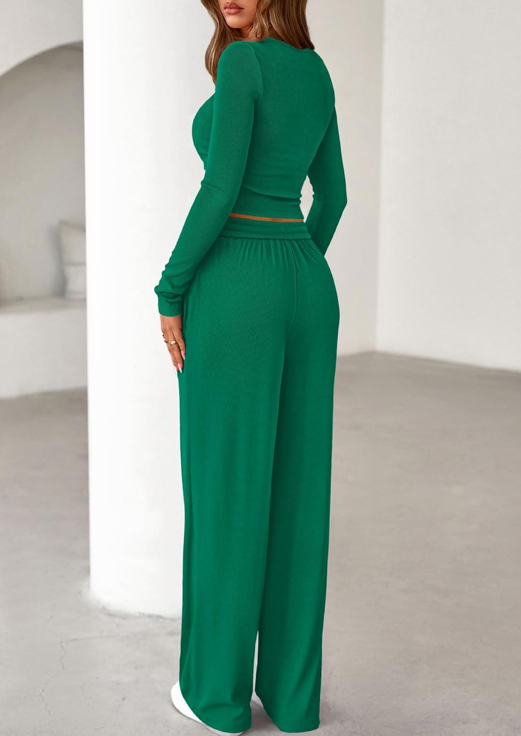 imagePRETTYGARDEN Womens 2026 Fall Trendy 2 Piece Outfits Lounge Sets Long Sleeve Top Henley Shirts Wide Leg Pants Travel ClothesGreen